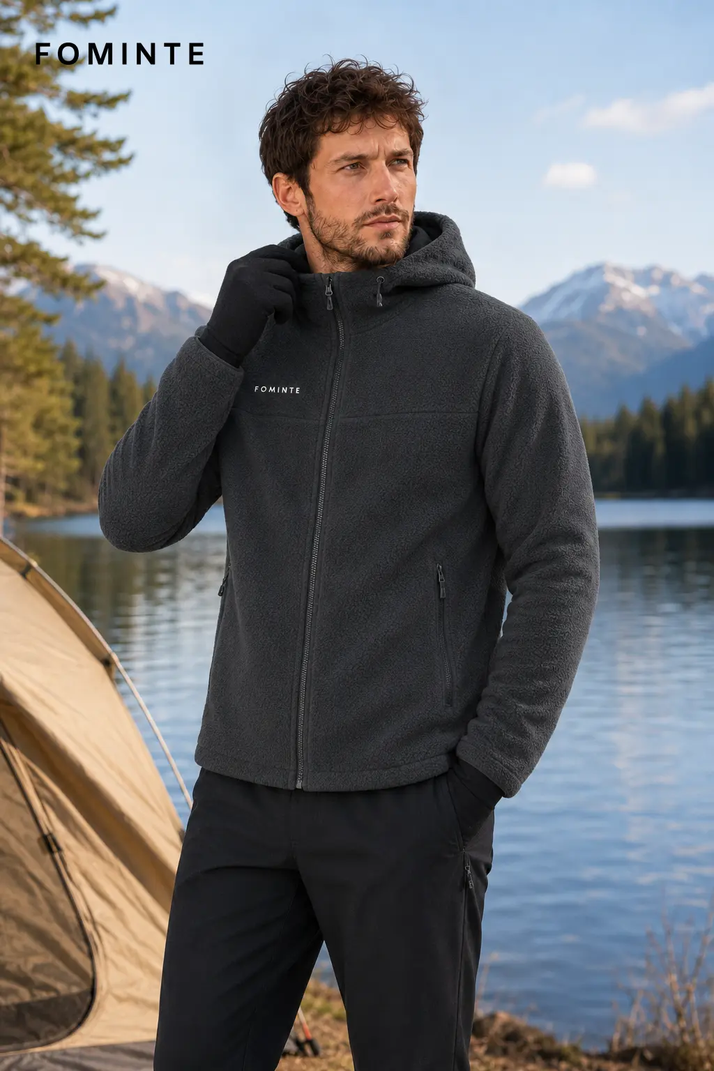 Men's Dark Grey Hooded Full-Zip Fleece Jacket