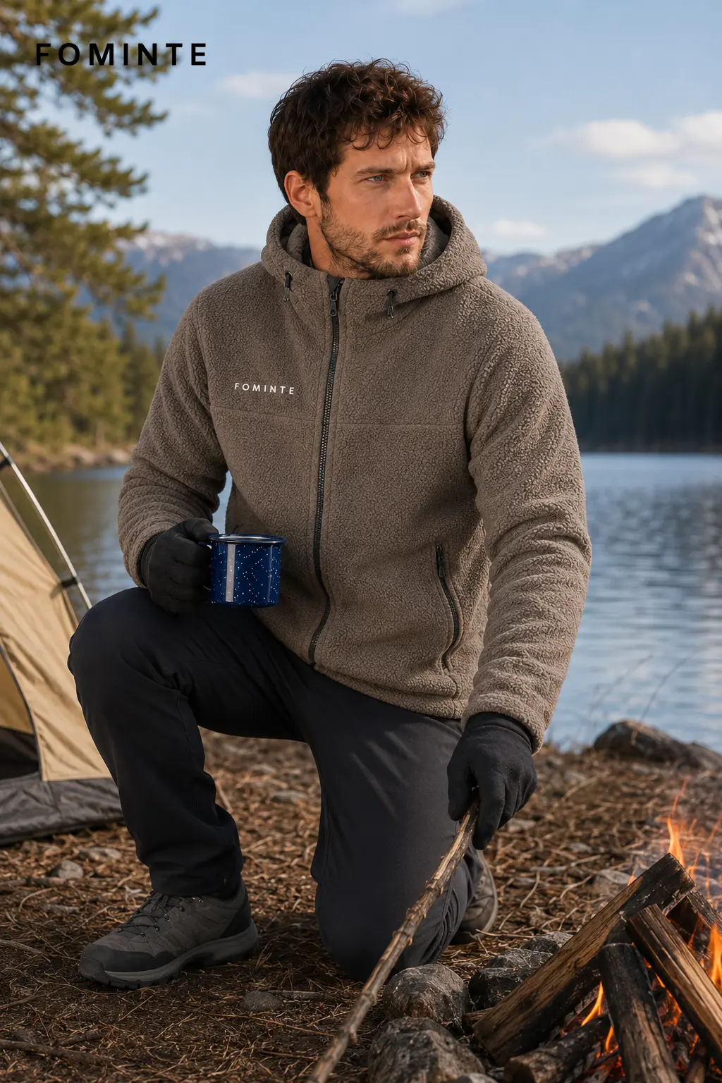 Men's Khaki Hooded Full-Zip Fleece Jacket