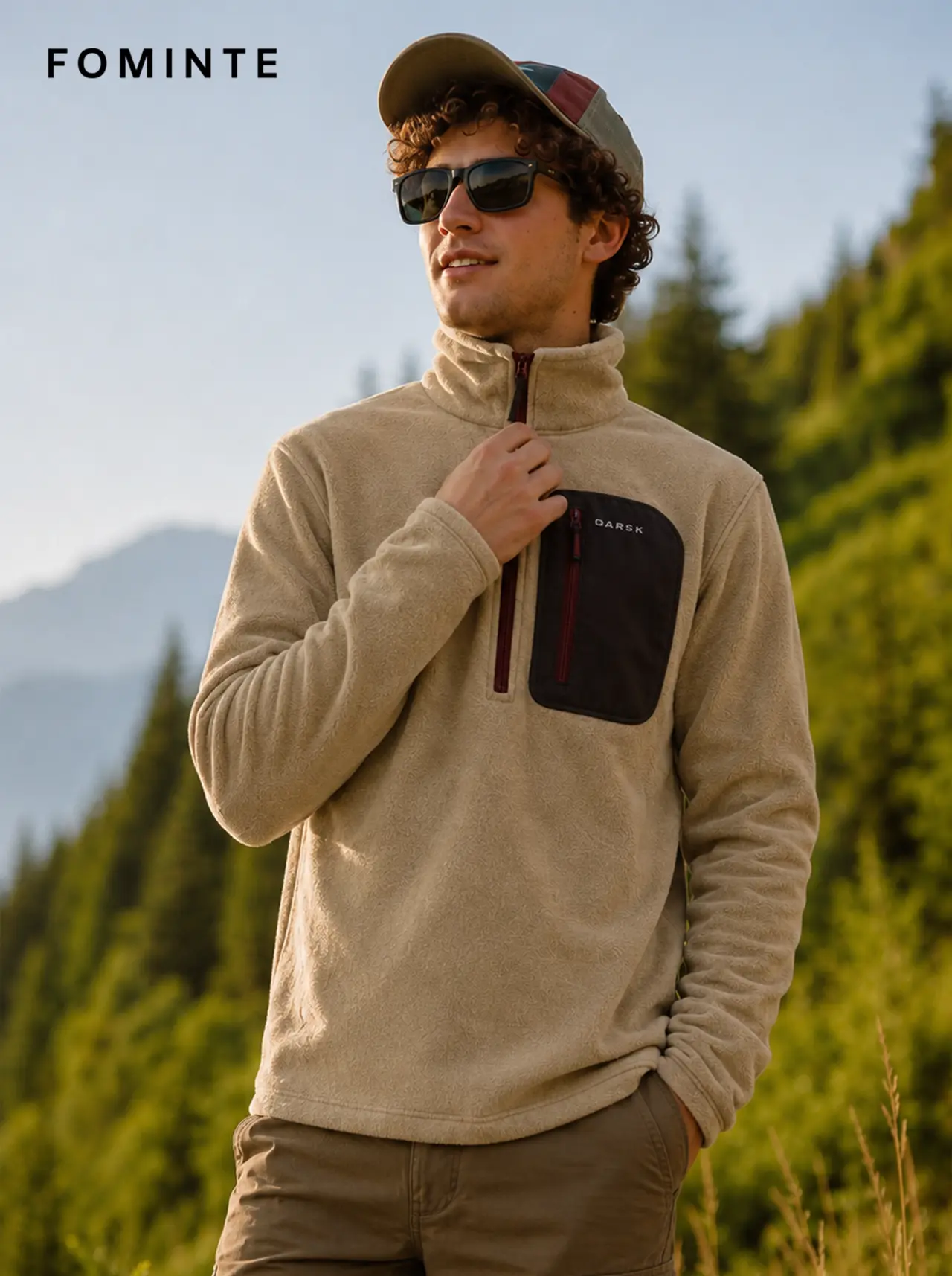 Men's Light Khaki, Brown and Burgundy Color-Block Quarter-Zip Fleece Pullover