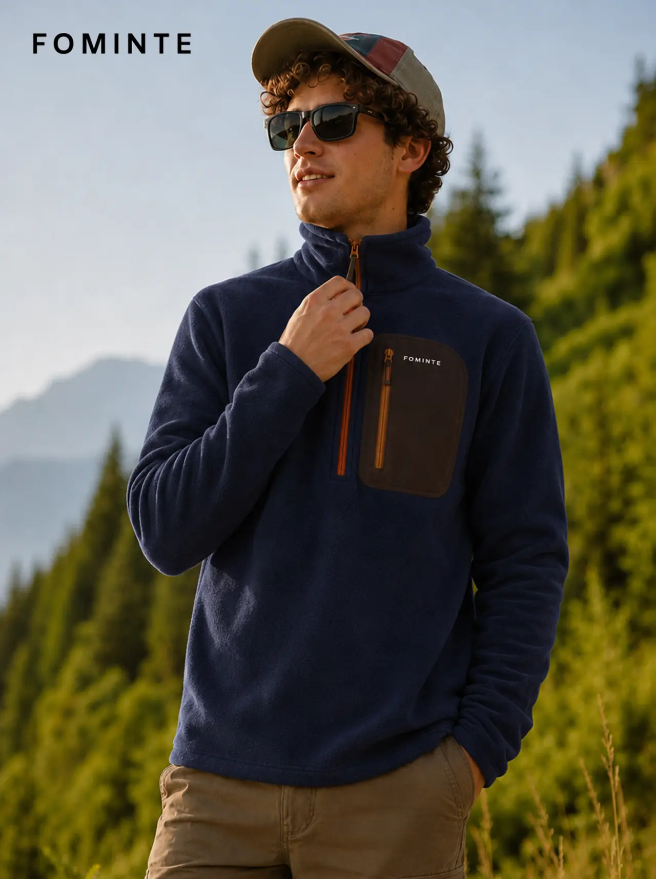 Men's Navy, Brown and Orange Color-Block Quarter-Zip Fleece Pullover