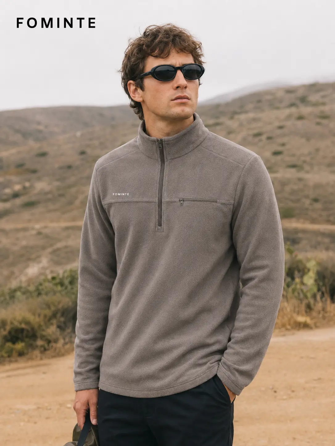 Men's Grey Coffee Lightweight Quarter-Zip Fleece Pullover