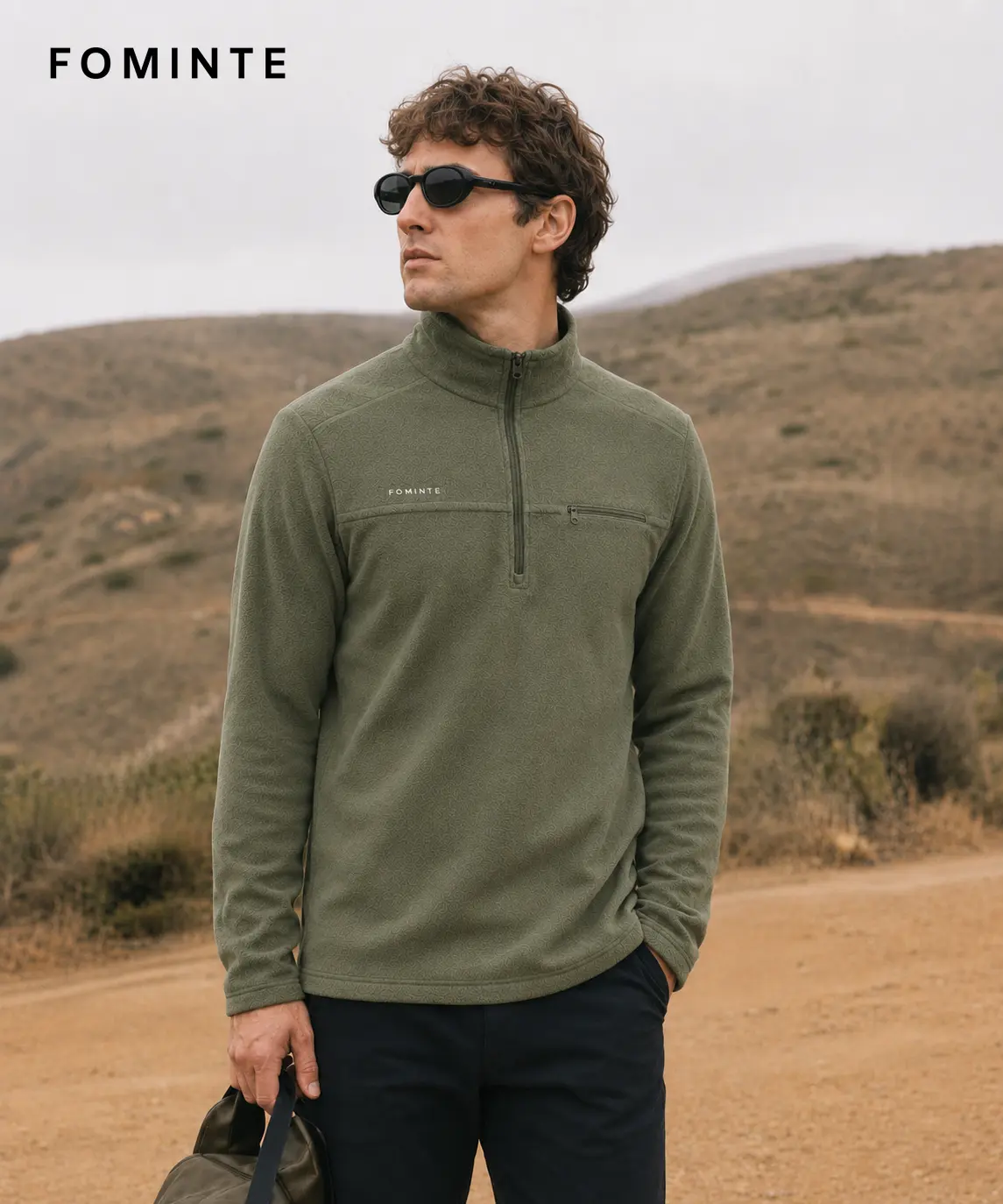 Men's Olive Moss Green Lightweight Quarter-Zip Fleece Pullover