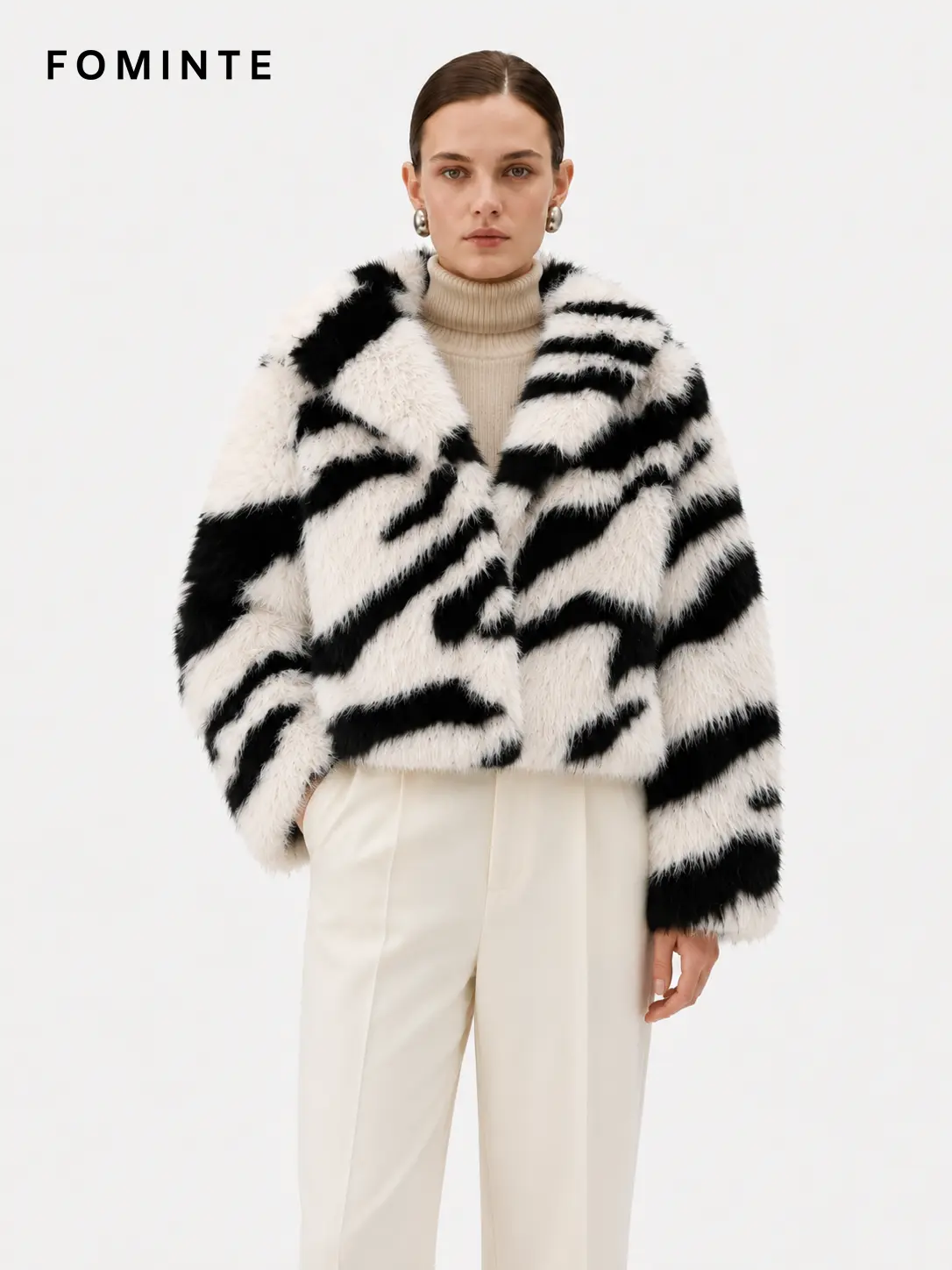 Wholesale Cropped Zebra Print Faux Fur Jacket - FM0202000058