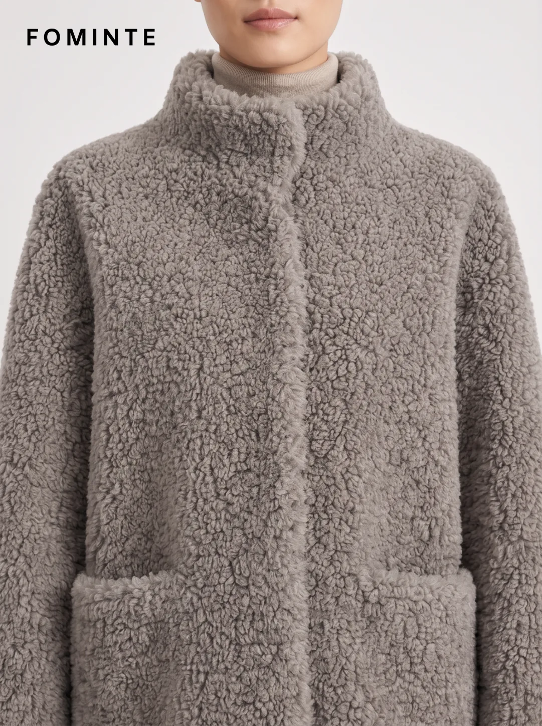 Grey High-Neck Faux Fur Coat Wholesale