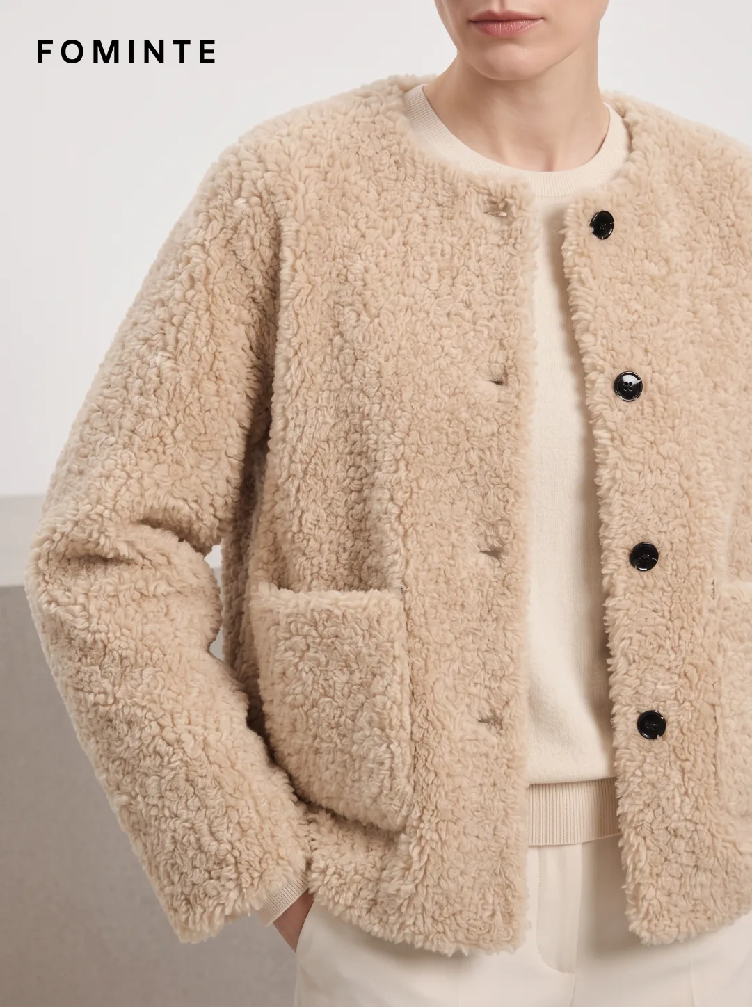 Beige Textured Button Faux Fur Jacket Wholesale