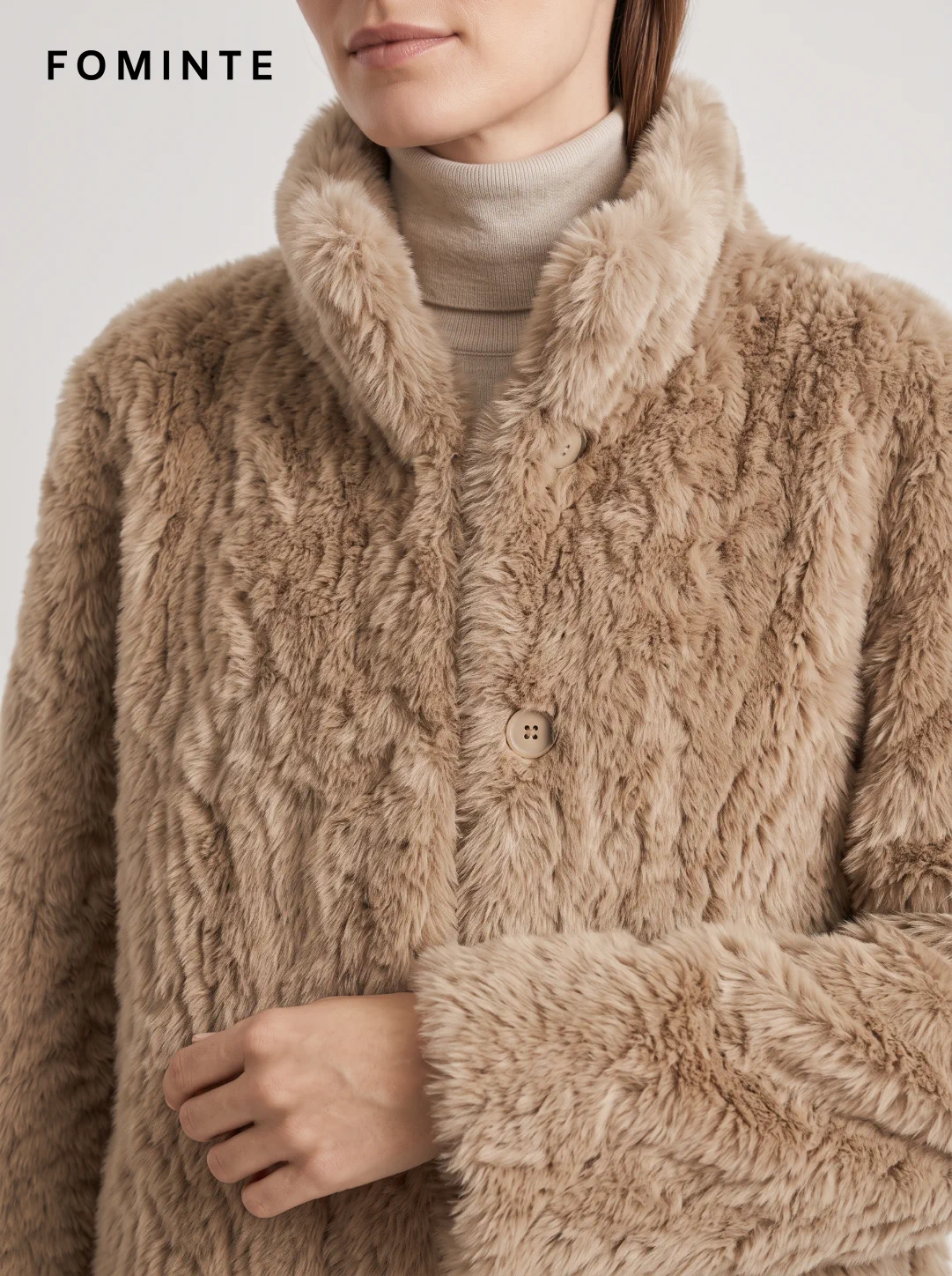 Taupe Button-Front Faux Fur Jacket Wholesale