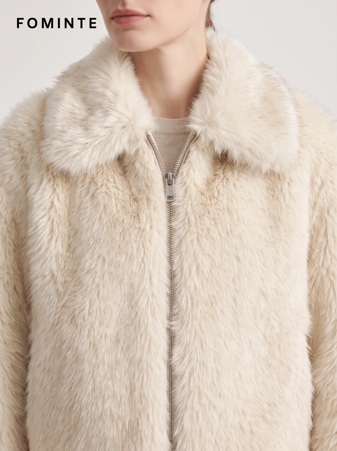 Ivory Zip-Front Faux Fur Jacket Wholesale