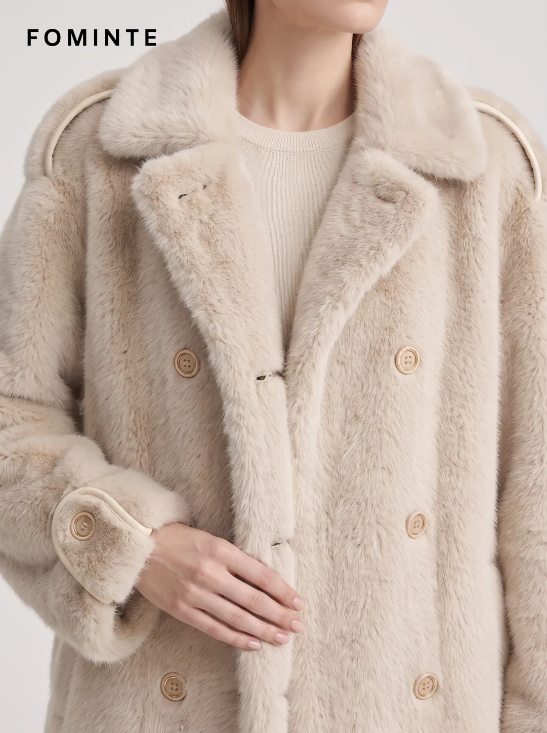 Ivory Belted Double-Breasted Faux Fur Coat Wholesale