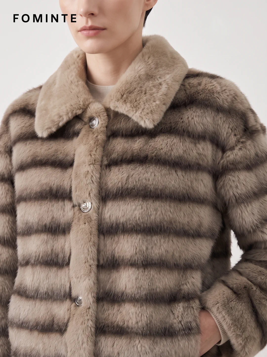 Coffee Striped Faux Fur Button-Front Jacket Wholesale