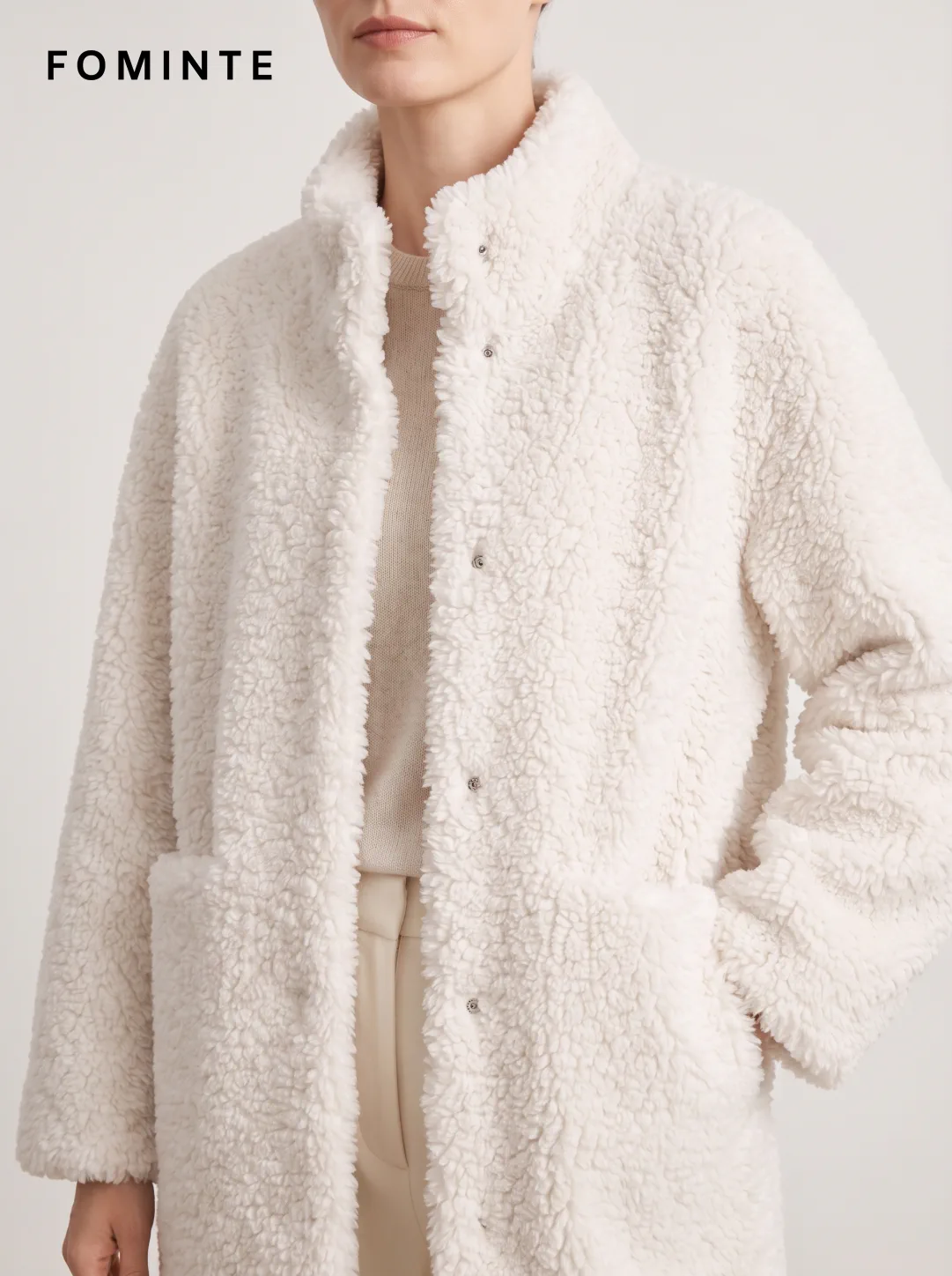 White Textured Faux Fur Patch-Pocket Jacket Wholesale