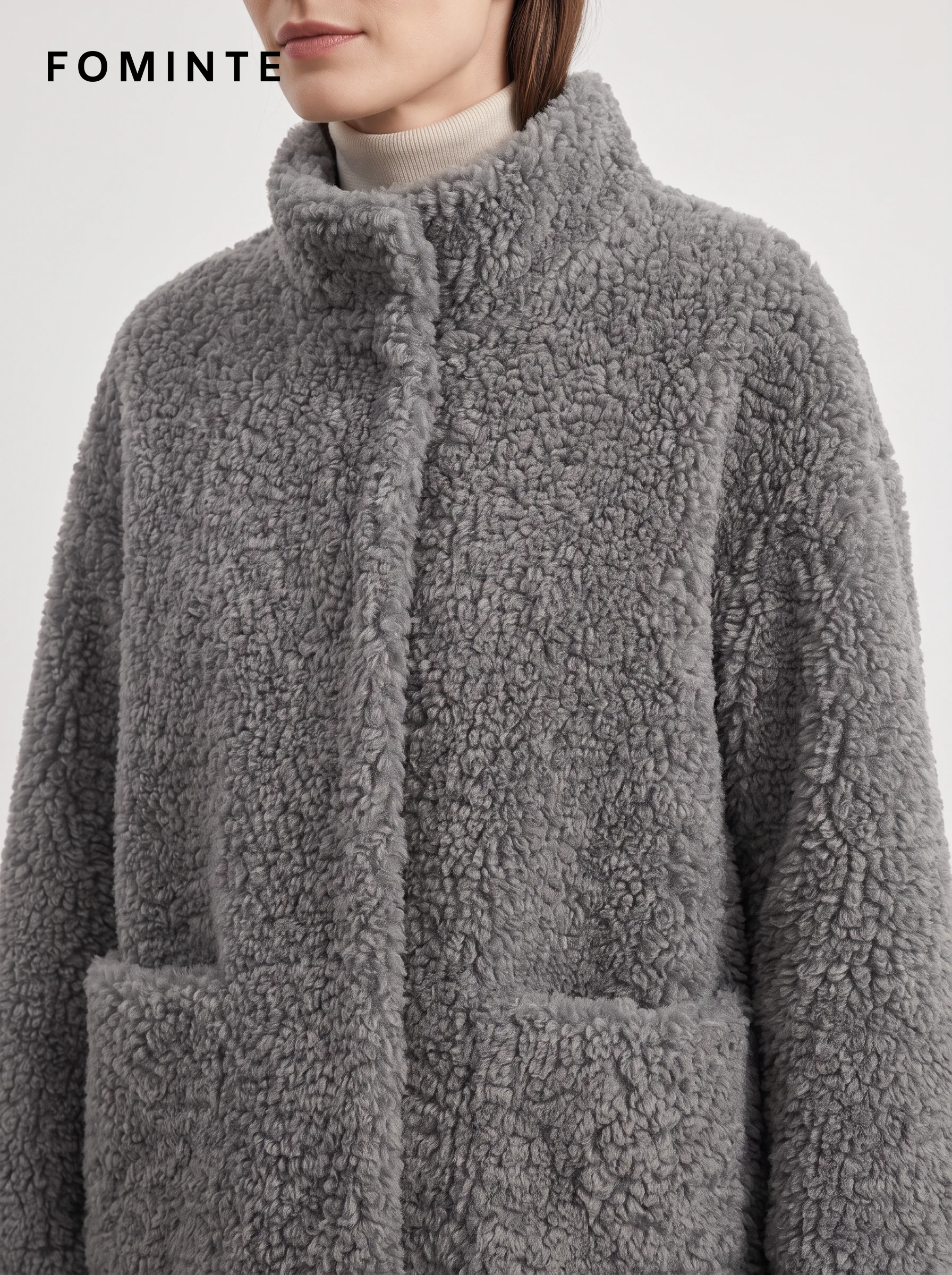 Grey Textured Faux Fur Patch-Pocket Jacket Wholesale