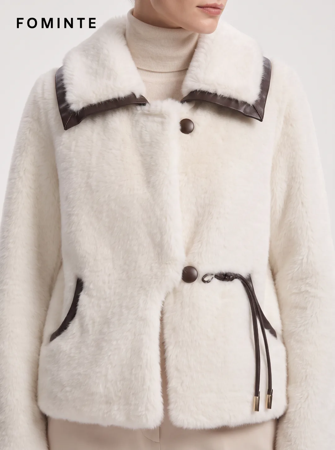 Ivory Contrast-Trim Faux Fur Jacket Wholesale