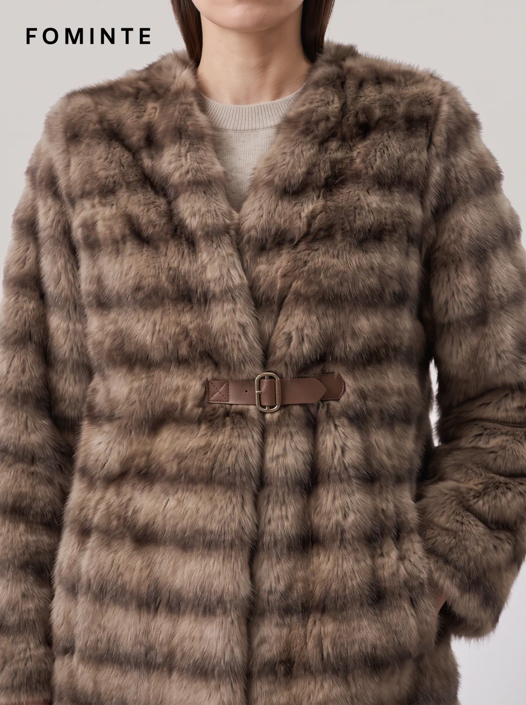 Coffee Belted Faux Fur Coat Wholesale