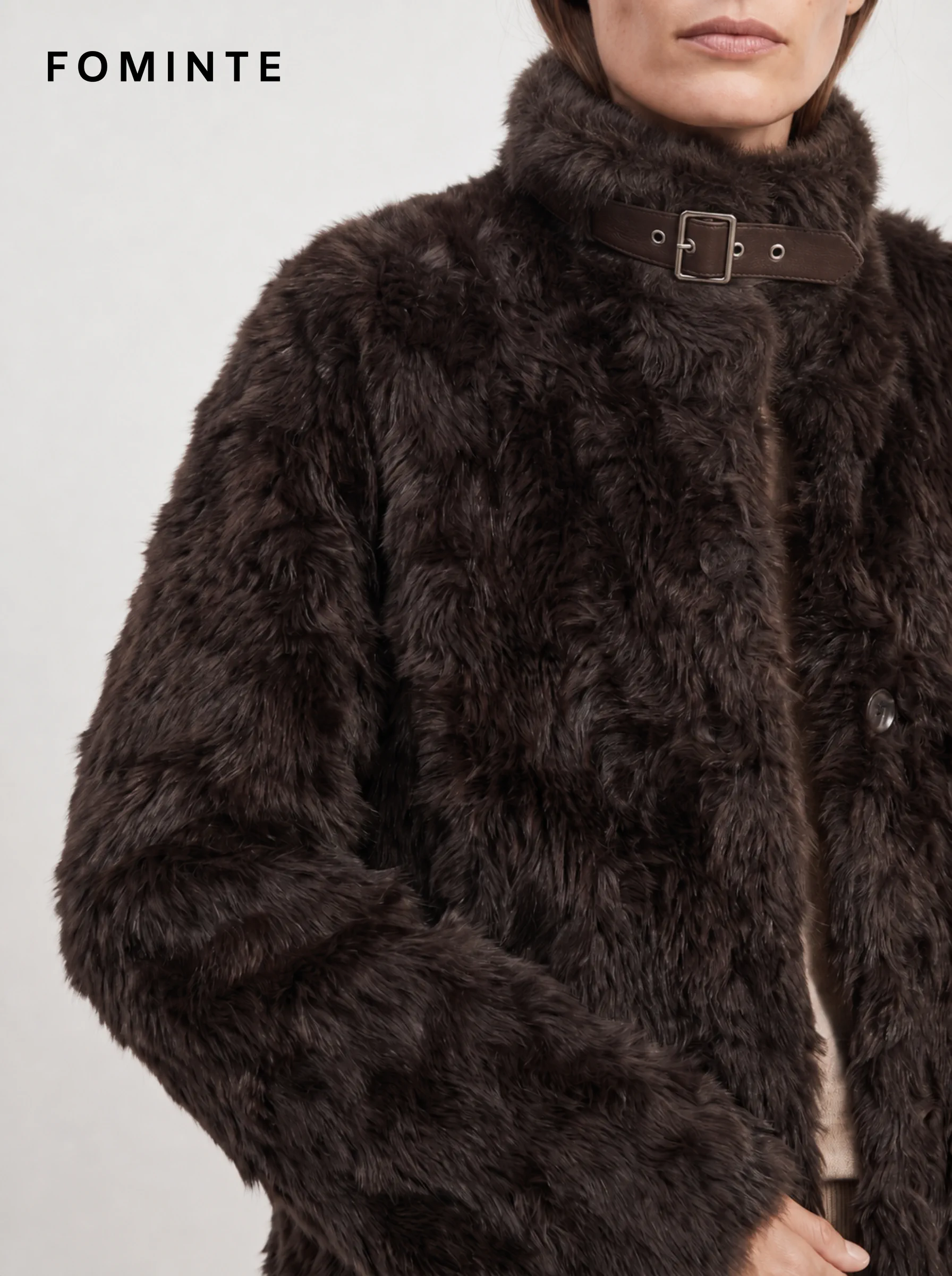 Black Buckle-Collar Faux Fur Coat Wholesale
