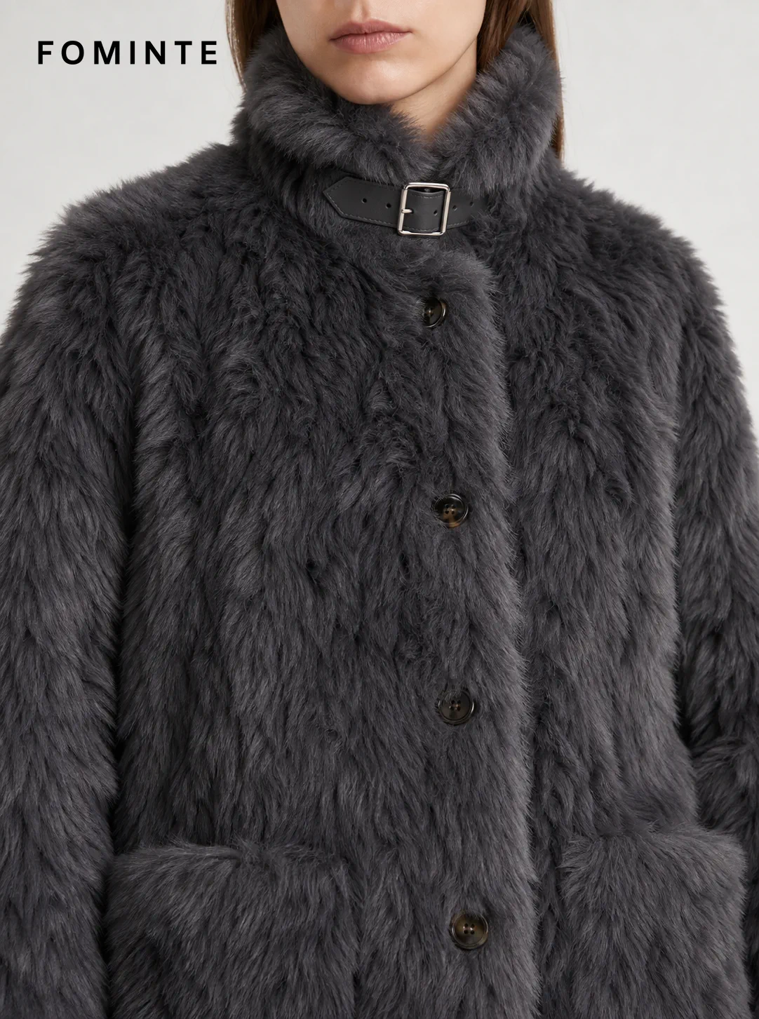 Grey Buckle-Collar Faux Fur Coat Wholesale