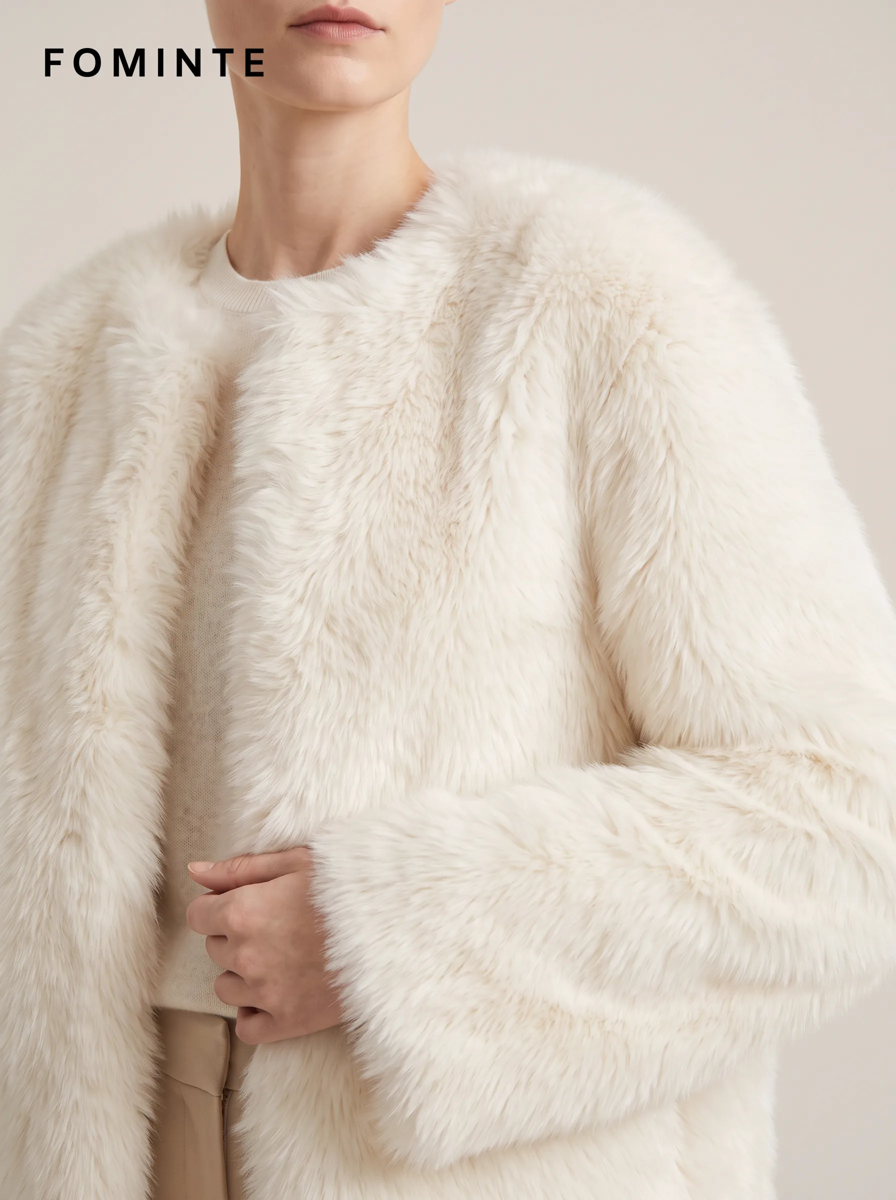 White Collarless Faux Fur Jacket Wholesale
