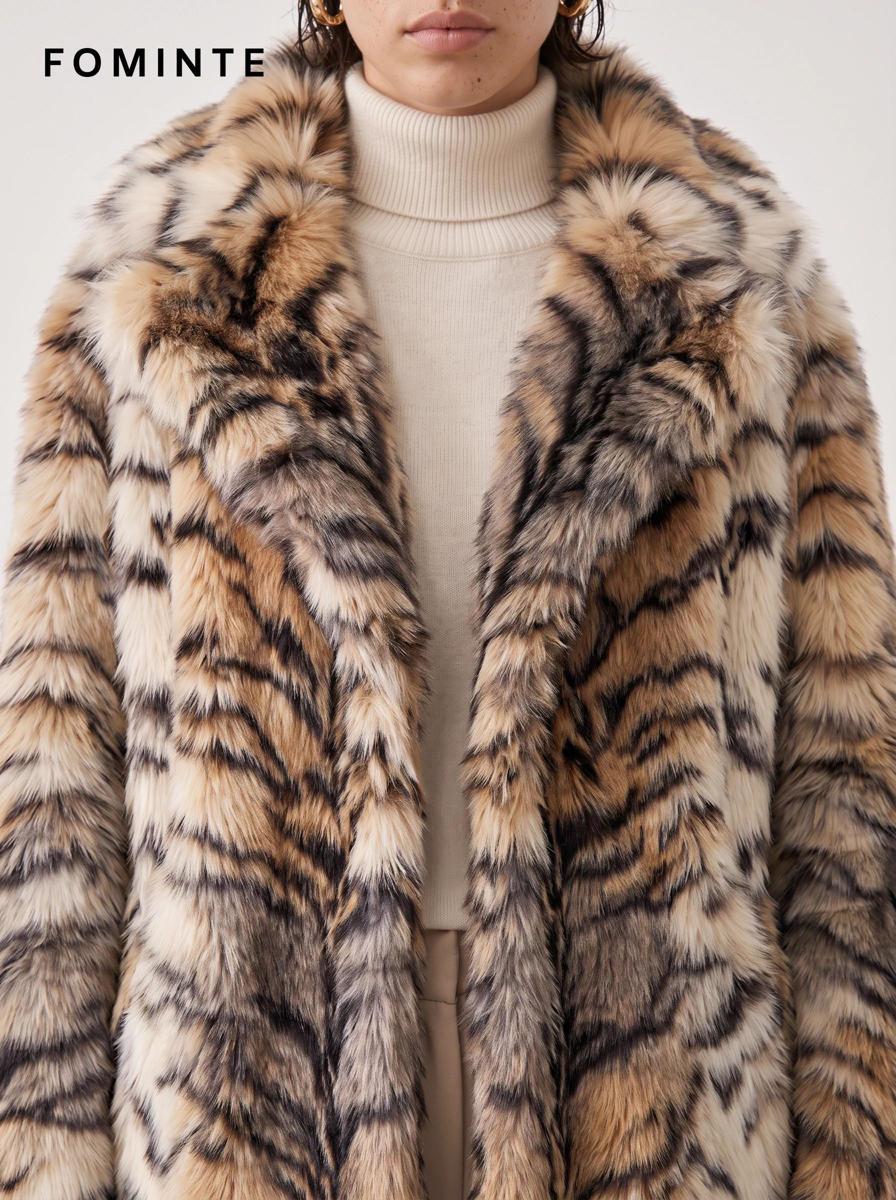 Warm Ivory Tiger-Inspired Faux Fur Coat Wholesale
