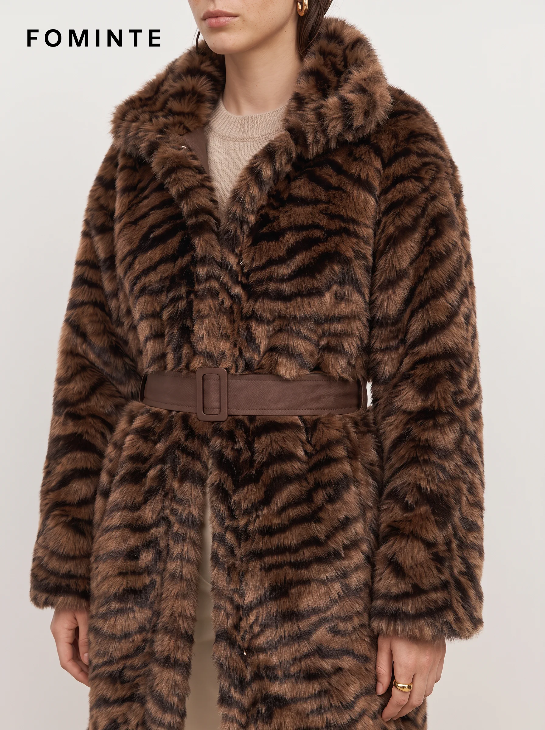 Deep Brown Belted Tiger-Inspired Faux Fur Coat Wholesale