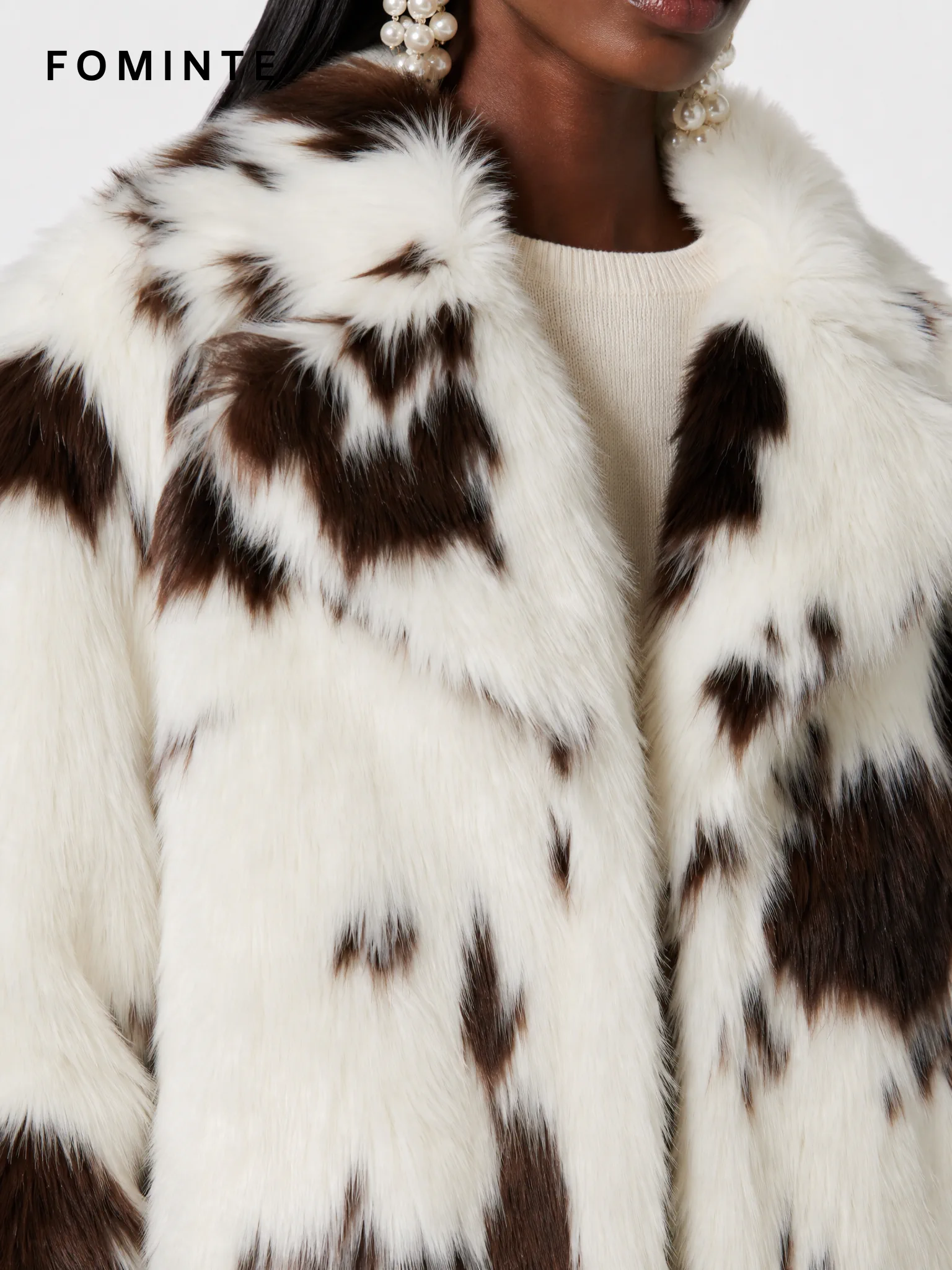 Ivory and Brown Patch Faux Fur Jacket