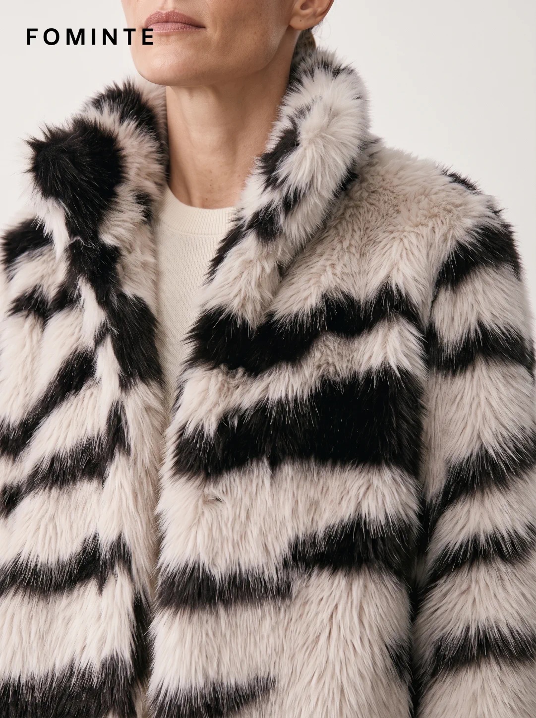 Ivory Diagonal-Stripe Faux Fur Coat Wholesale