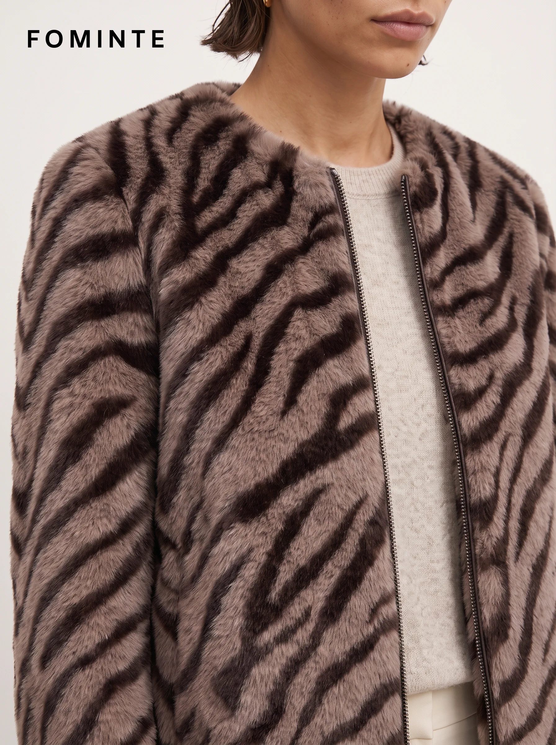 Taupe Zebra-Inspired Zip-Front Faux Fur Jacket Wholesale