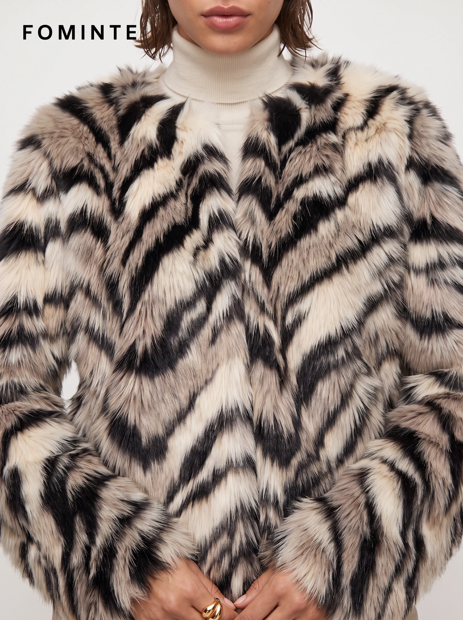 Ivory Diagonal-Stripe Faux Fur Jacket Wholesale