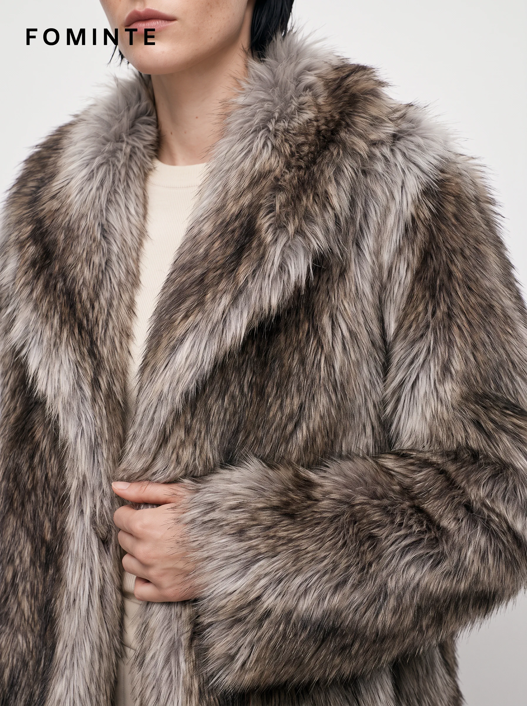 Brown and Grey Tonal-Streak Faux Fur Jacket Wholesale