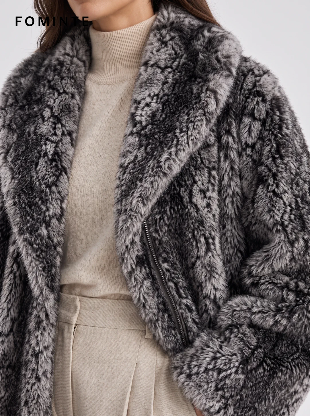 Charcoal Reptile-Inspired Faux Fur Coat Wholesale