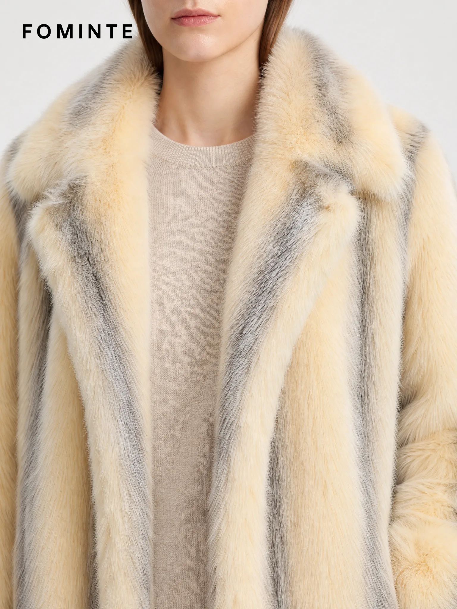Cream and Dove Grey Striped Faux Fur Coat Wholesale