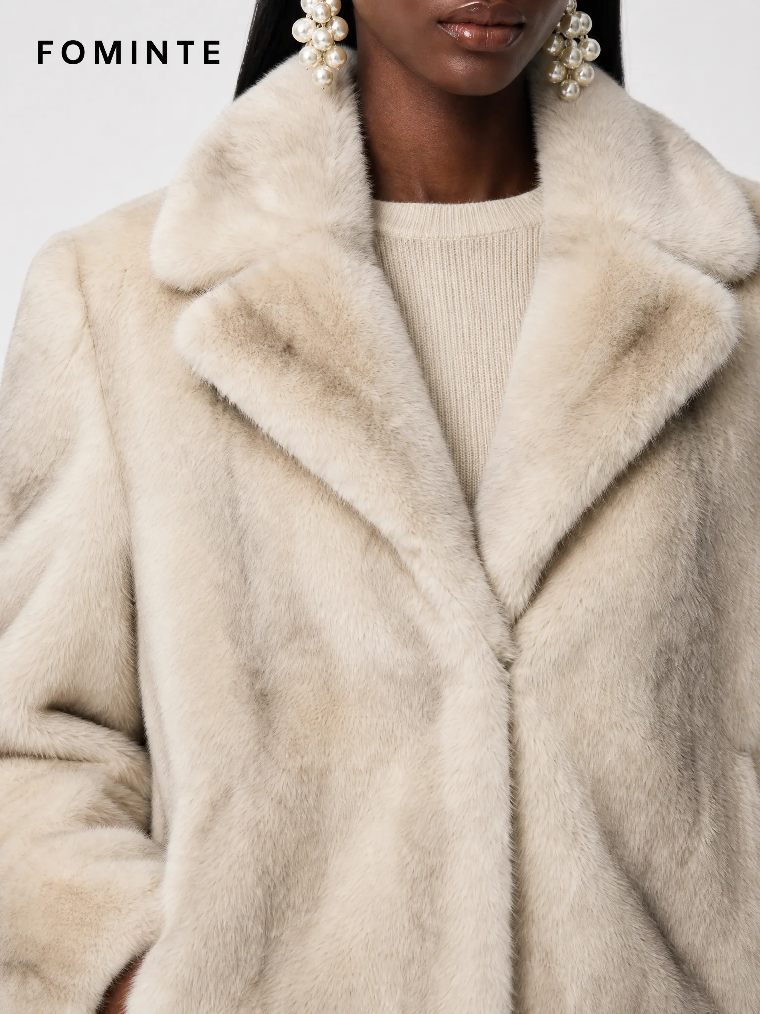 Ivory Notched-Lapel Faux Fur Jacket Wholesale