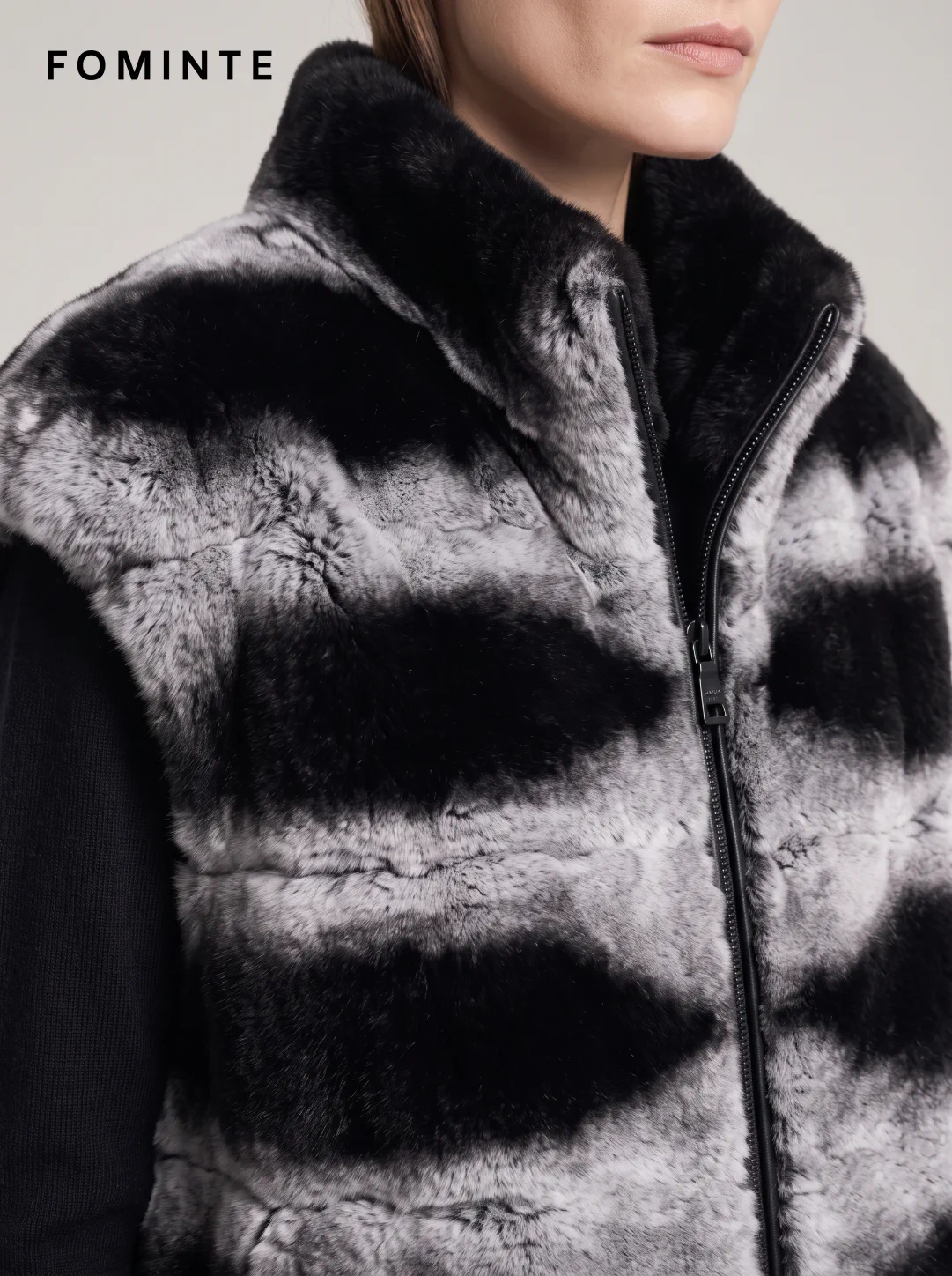 Black and Grey Banded Faux Fur Zip Vest Wholesale