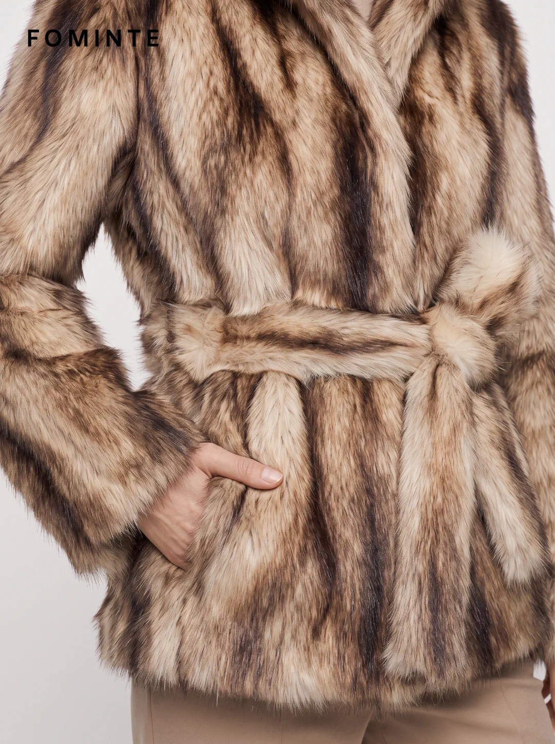 Caramel Belted Faux Fur Jacket Wholesale