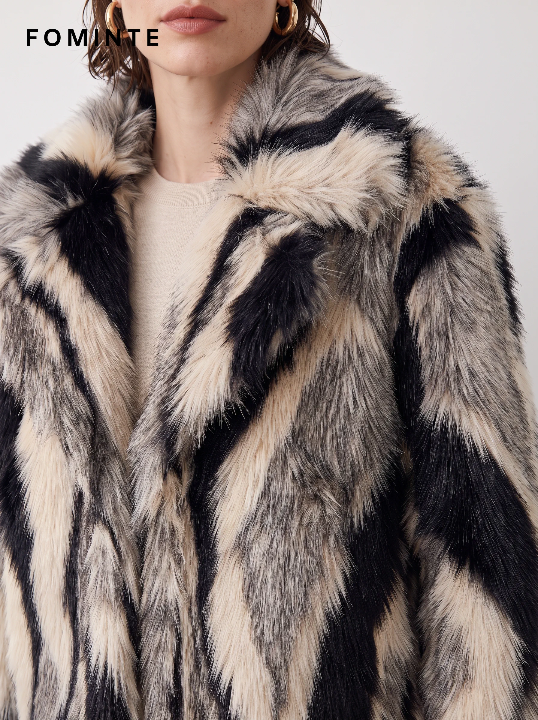 Black and Grey Banded Faux Fur Jacket Wholesale