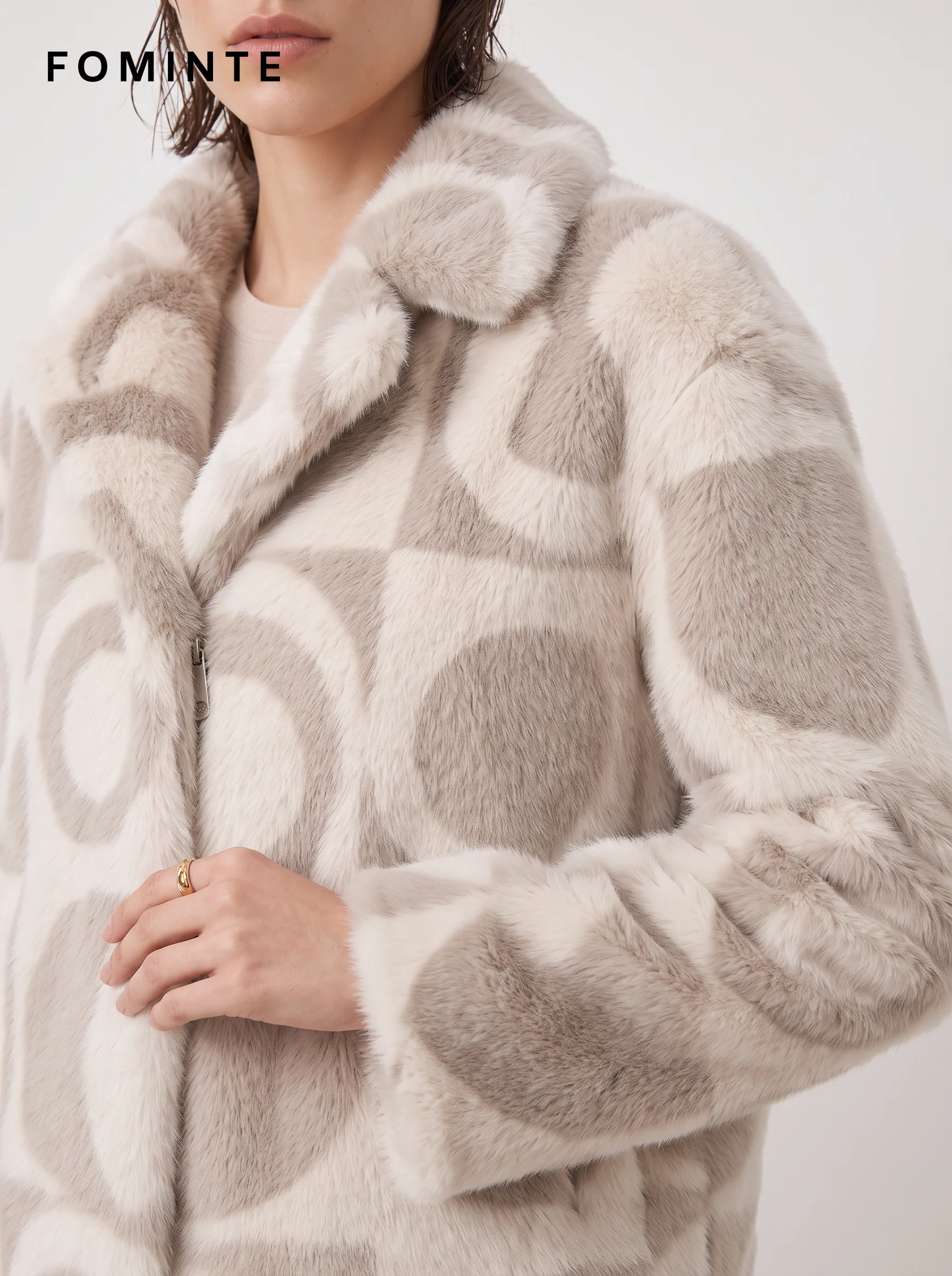 Ivory Geometric Print Faux Fur Jacket Wholesale