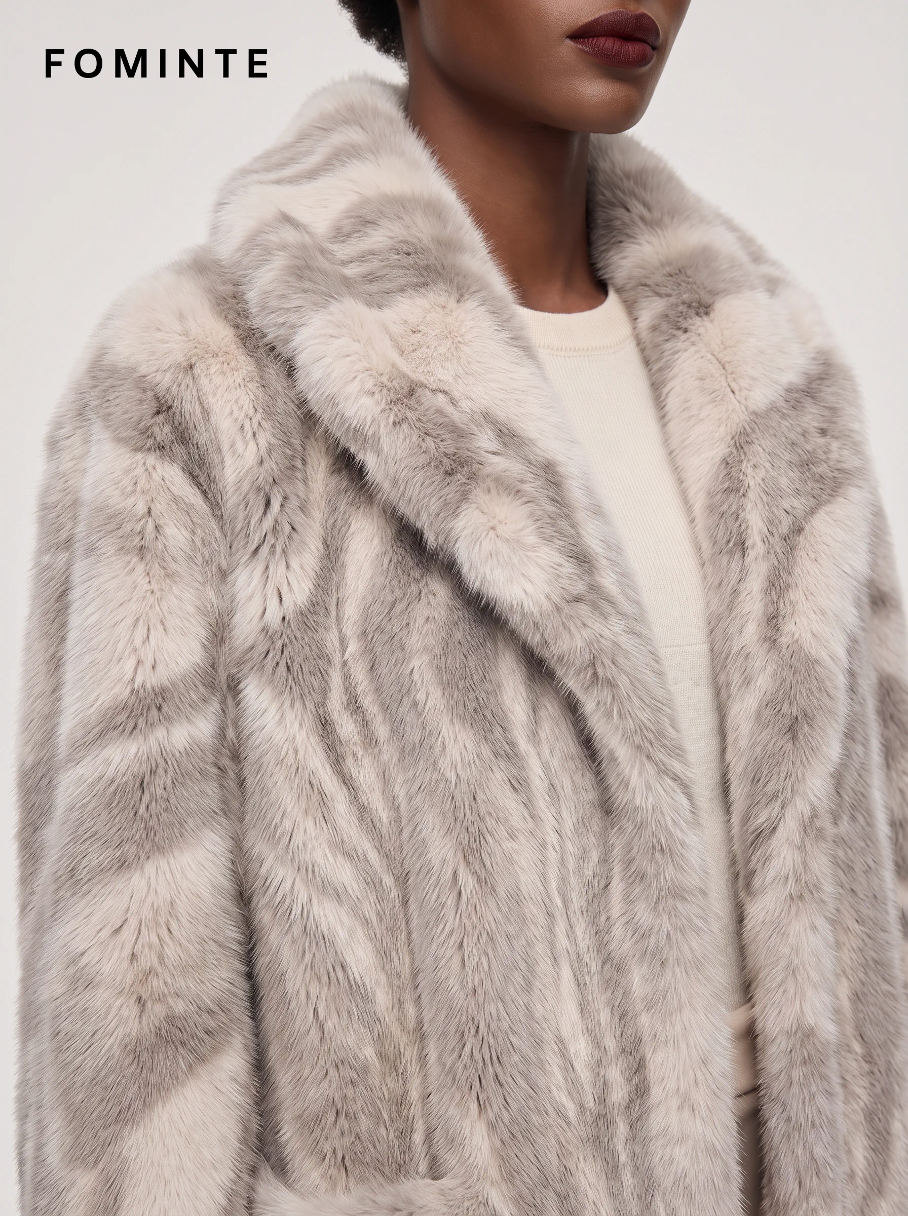 Pearl Grey Wave-Stripe Faux Fur Coat Wholesale