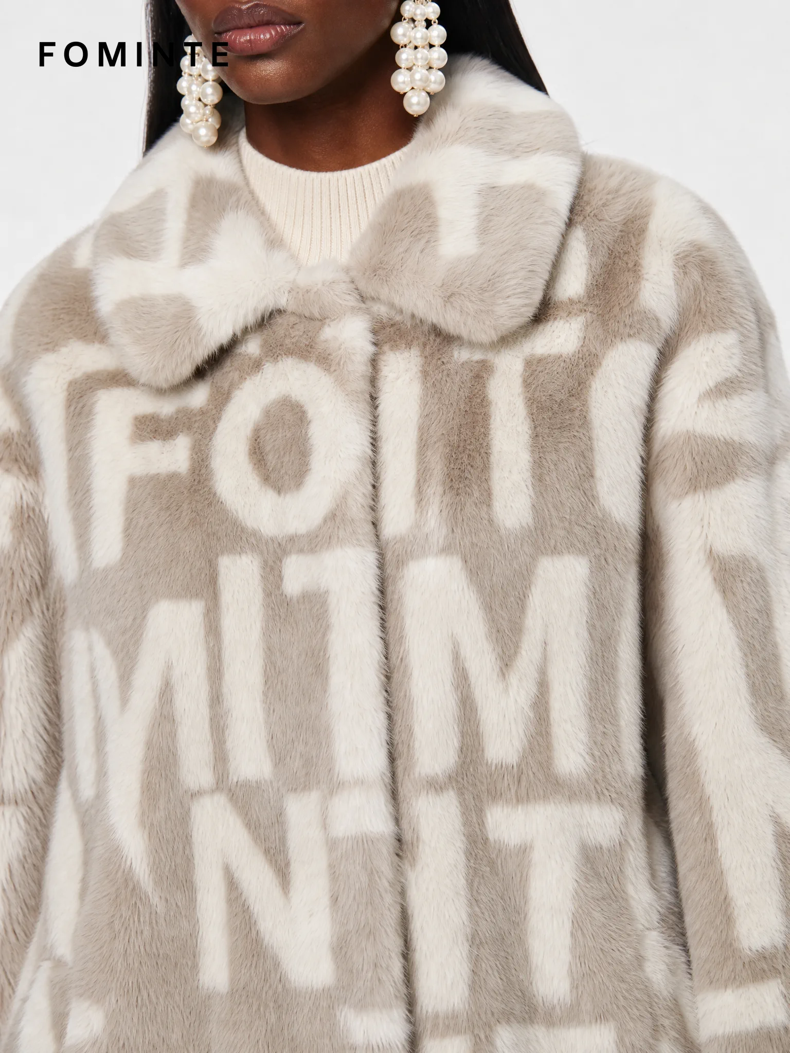 Greige Typographic Geometric Faux Fur Coat Wholesale