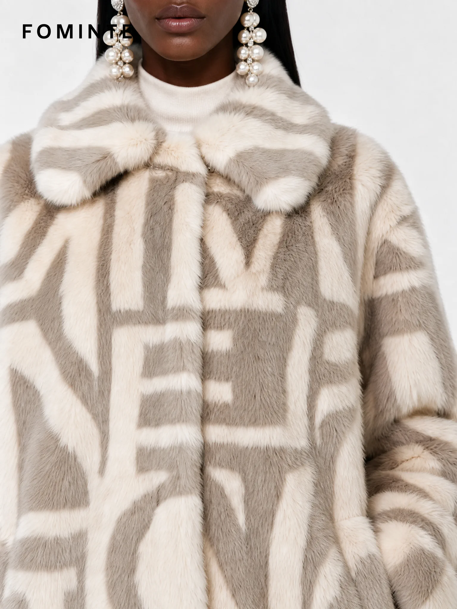 Greige Interlocked Geometric Faux Fur Coat Wholesale