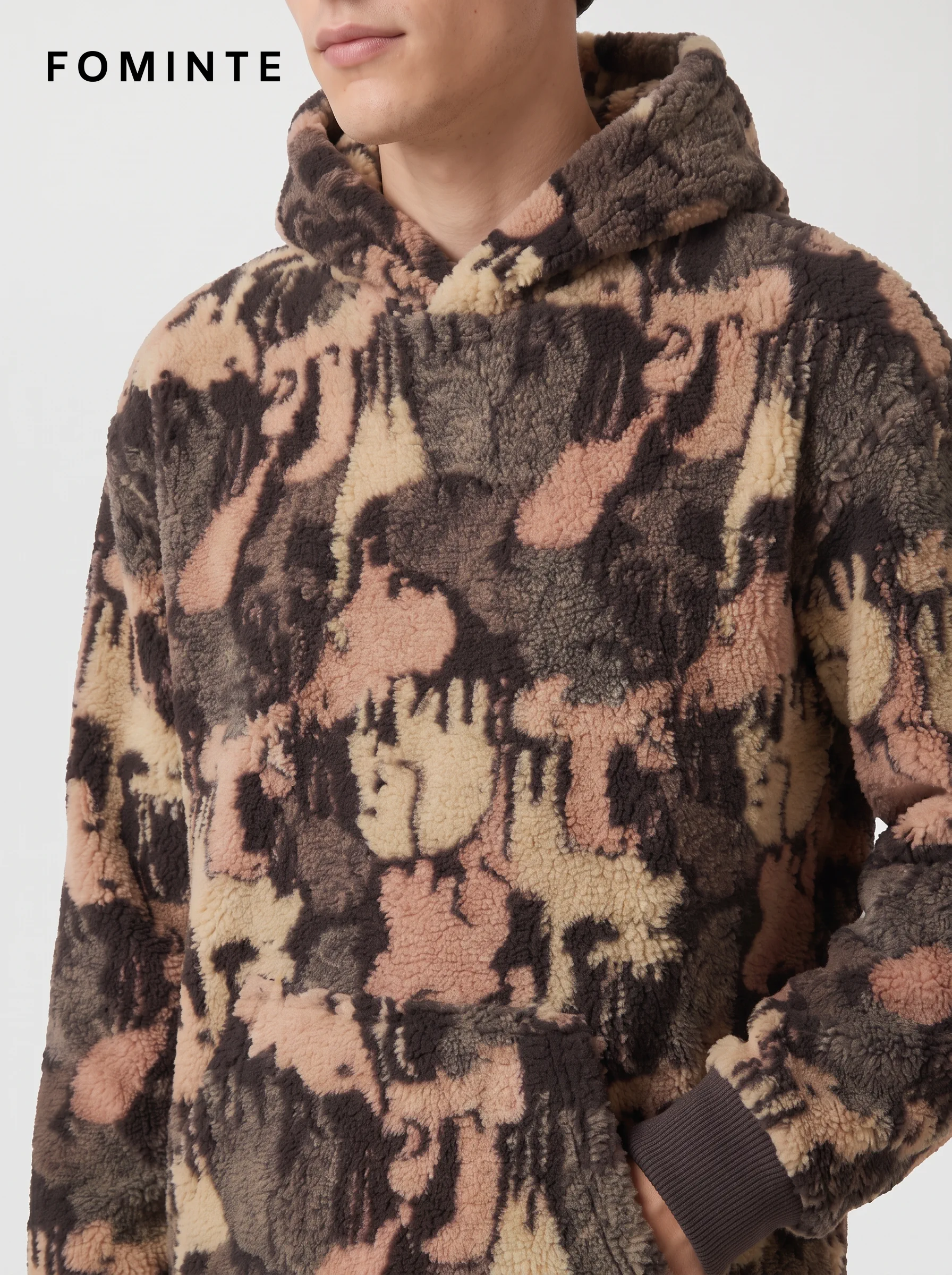 Multi-Color Camo Print Oversized Sherpa Fleece Hoodie