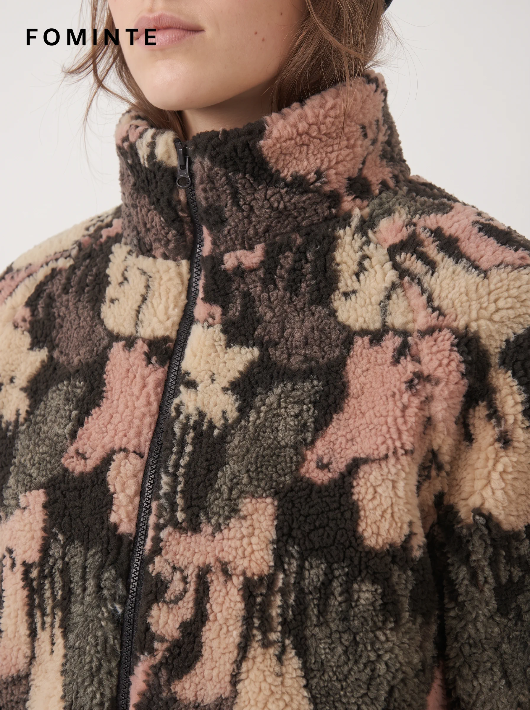 Abstract Camo Print Full-Zip Sherpa Fleece Jacket