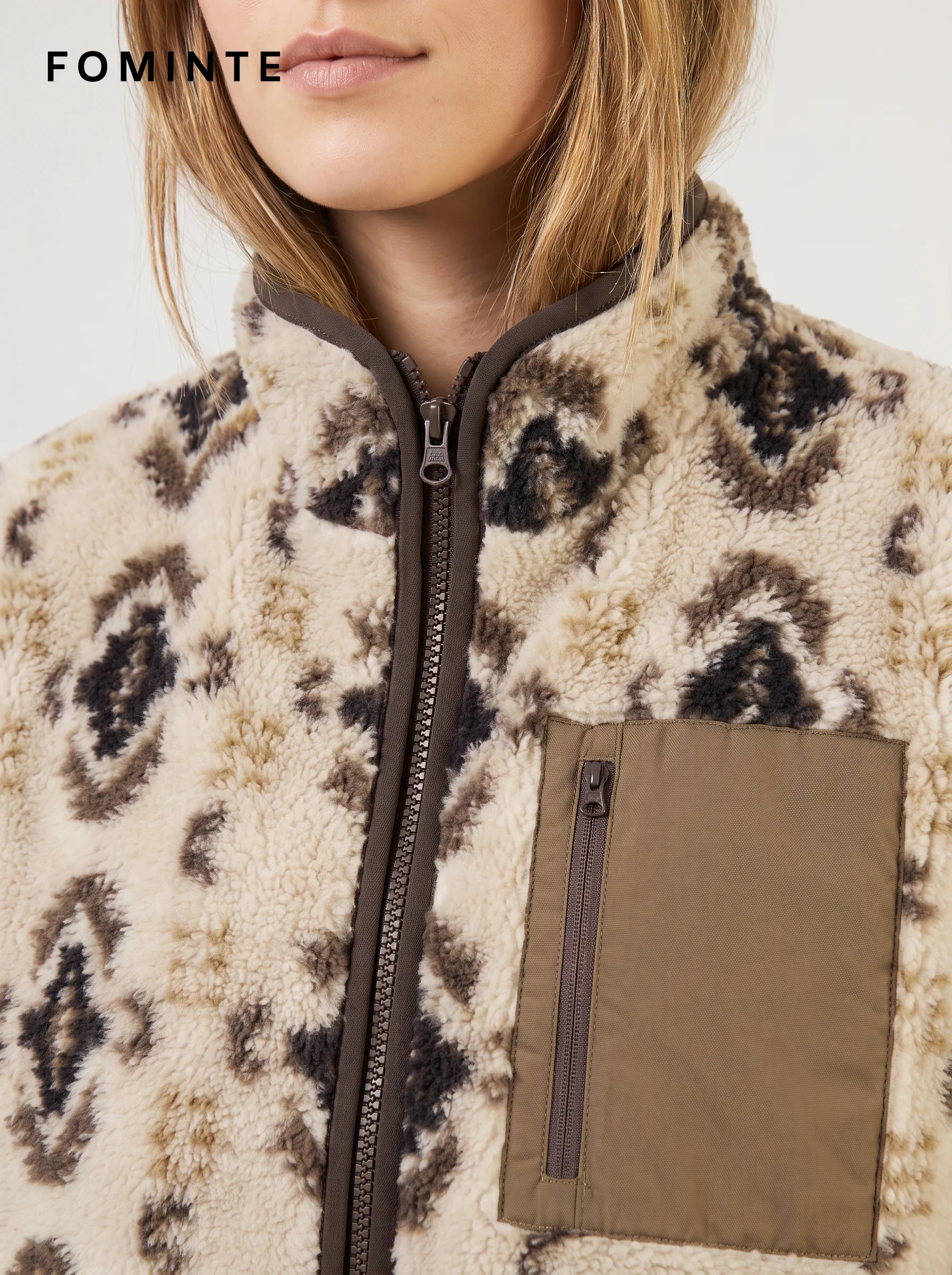 Abstract Camo Print Full-Zip Sherpa Fleece Vest