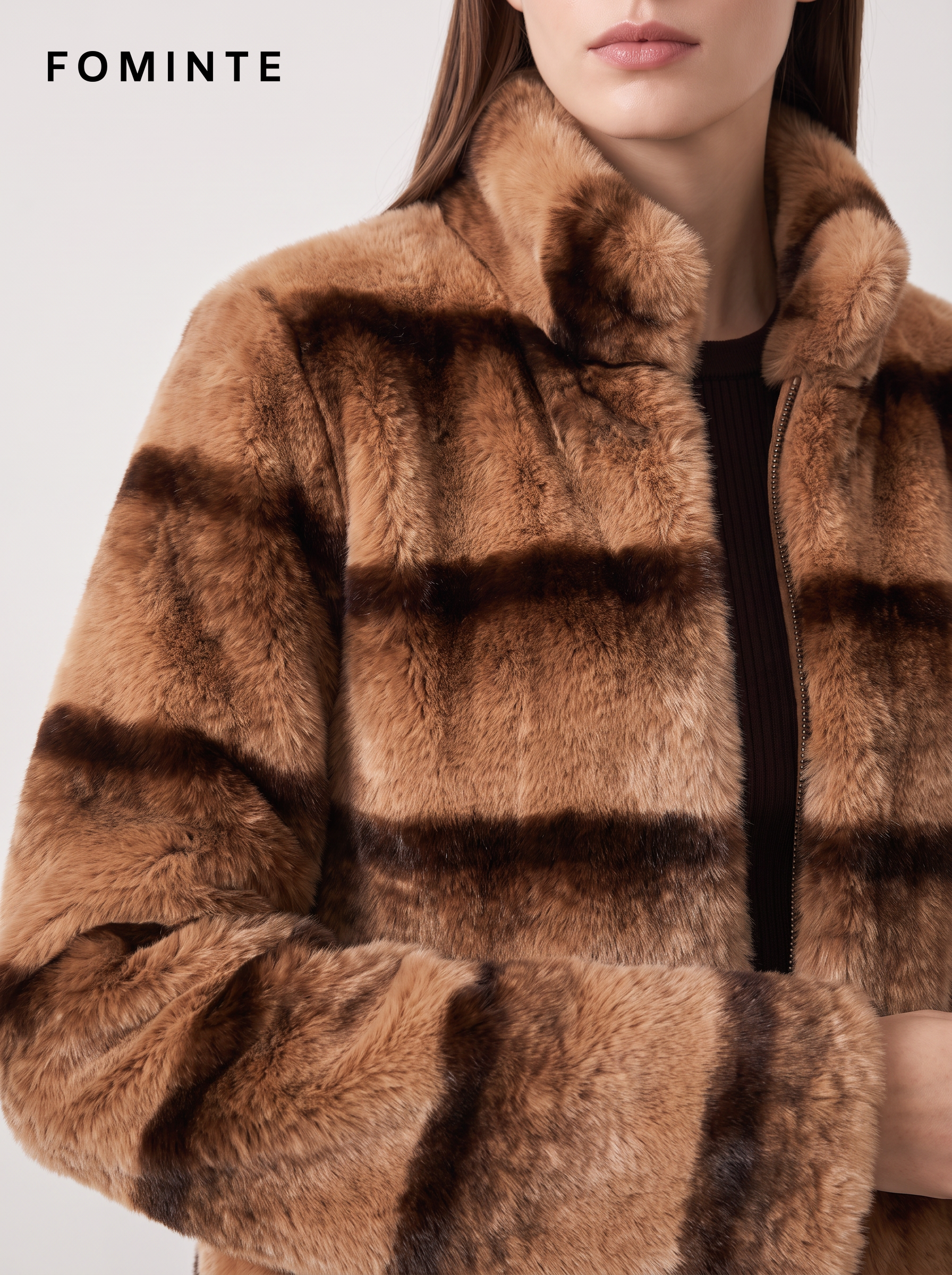 Greige Typographic Geometric Faux Fur Coat Wholesale