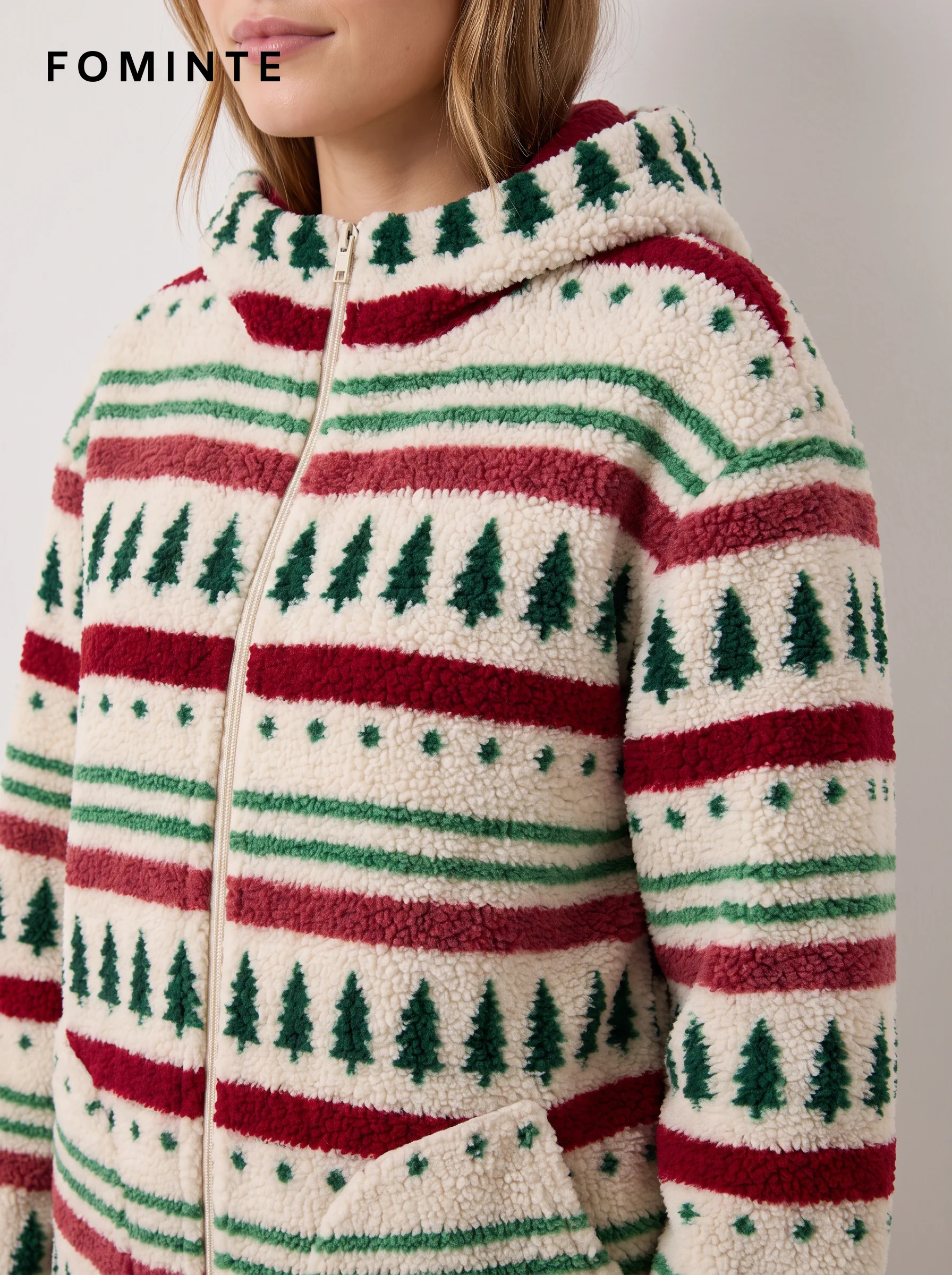 Evergreen Tree Print Hooded Fleece Jacket
