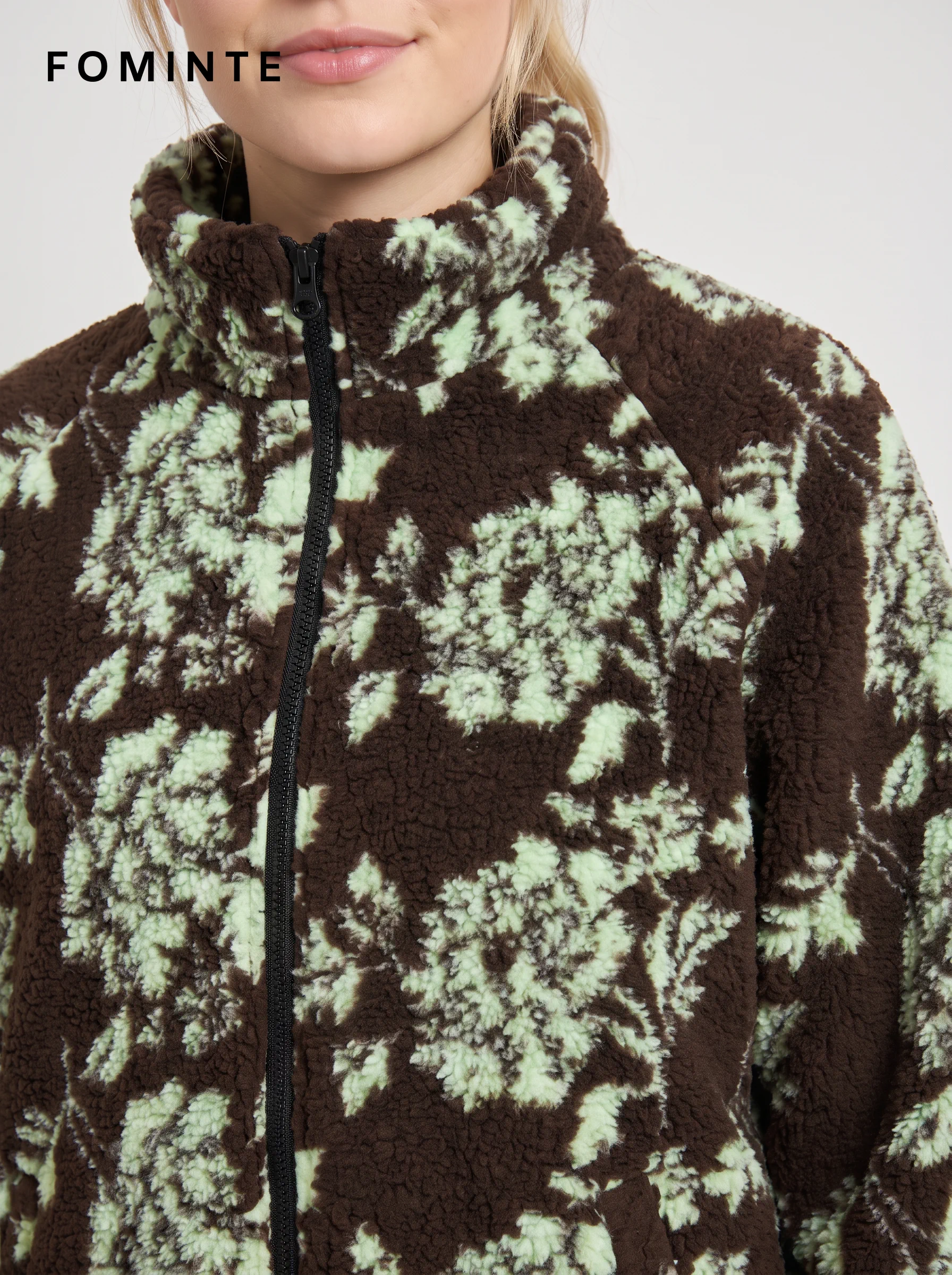 Dark Green Botanical Print Hooded Fleece Jacket