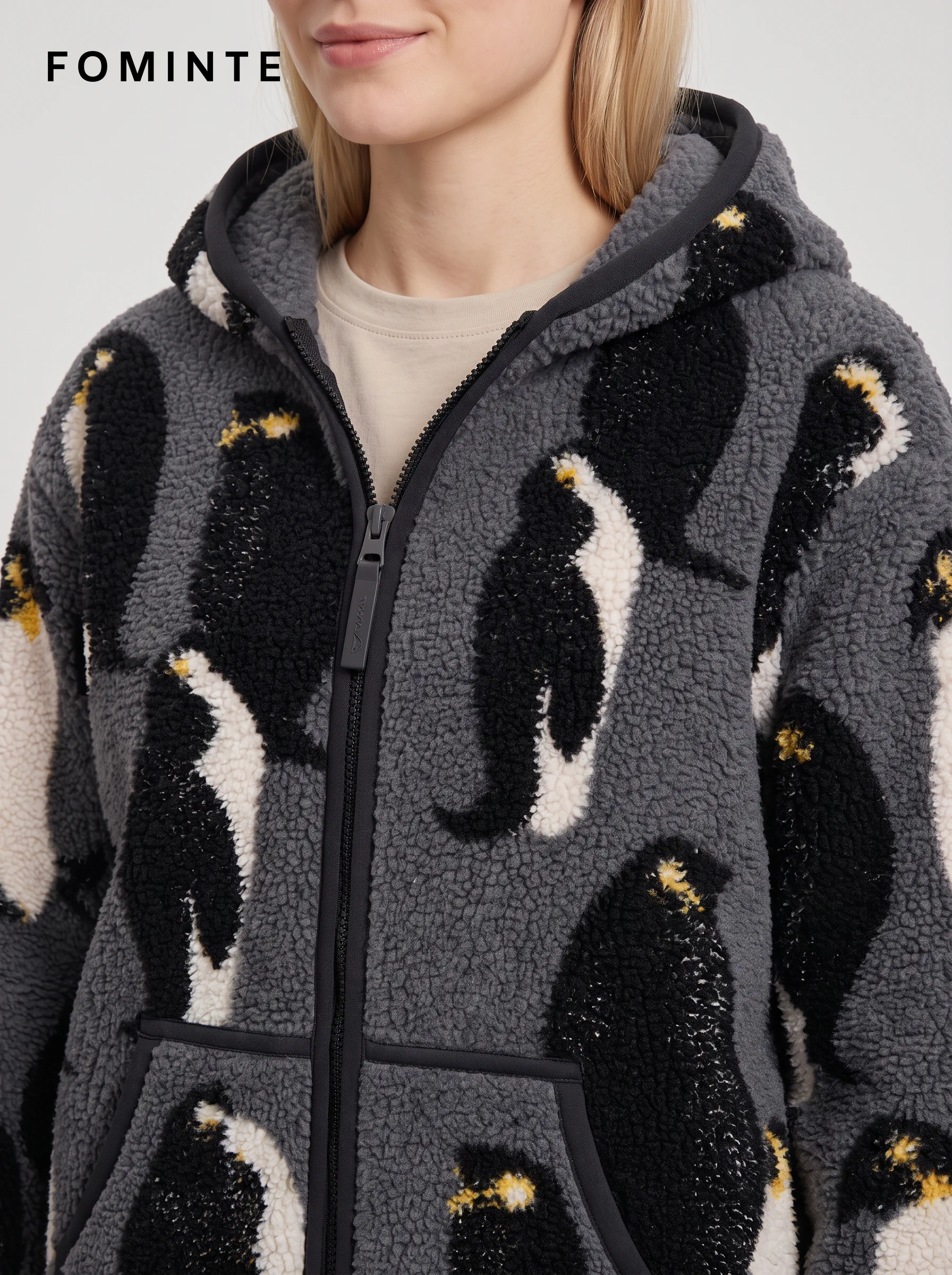 Charcoal Abstract Print Hooded Fleece Jacket