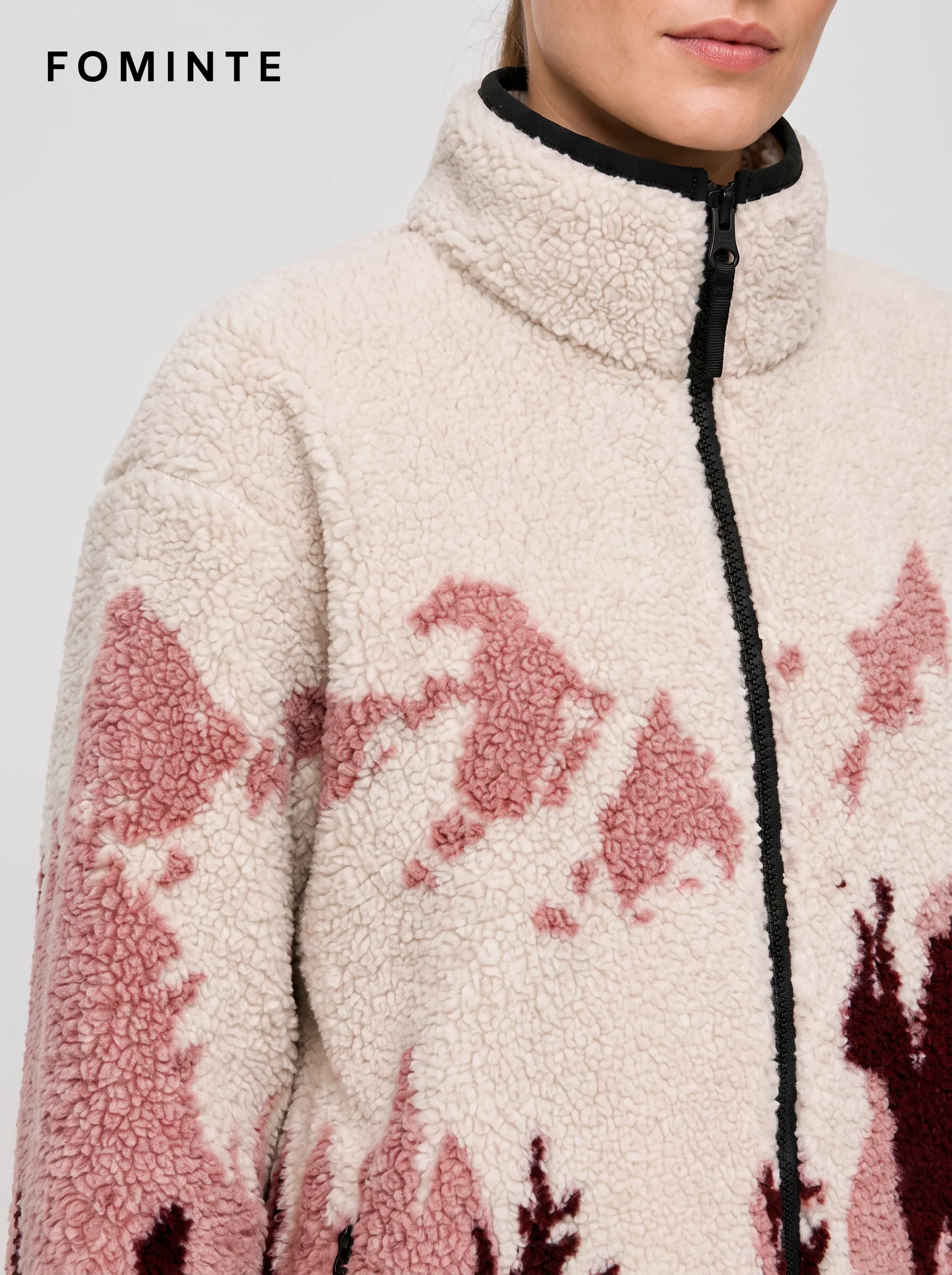 Ivory Burgundy Mountain Print Fleece Jacket
