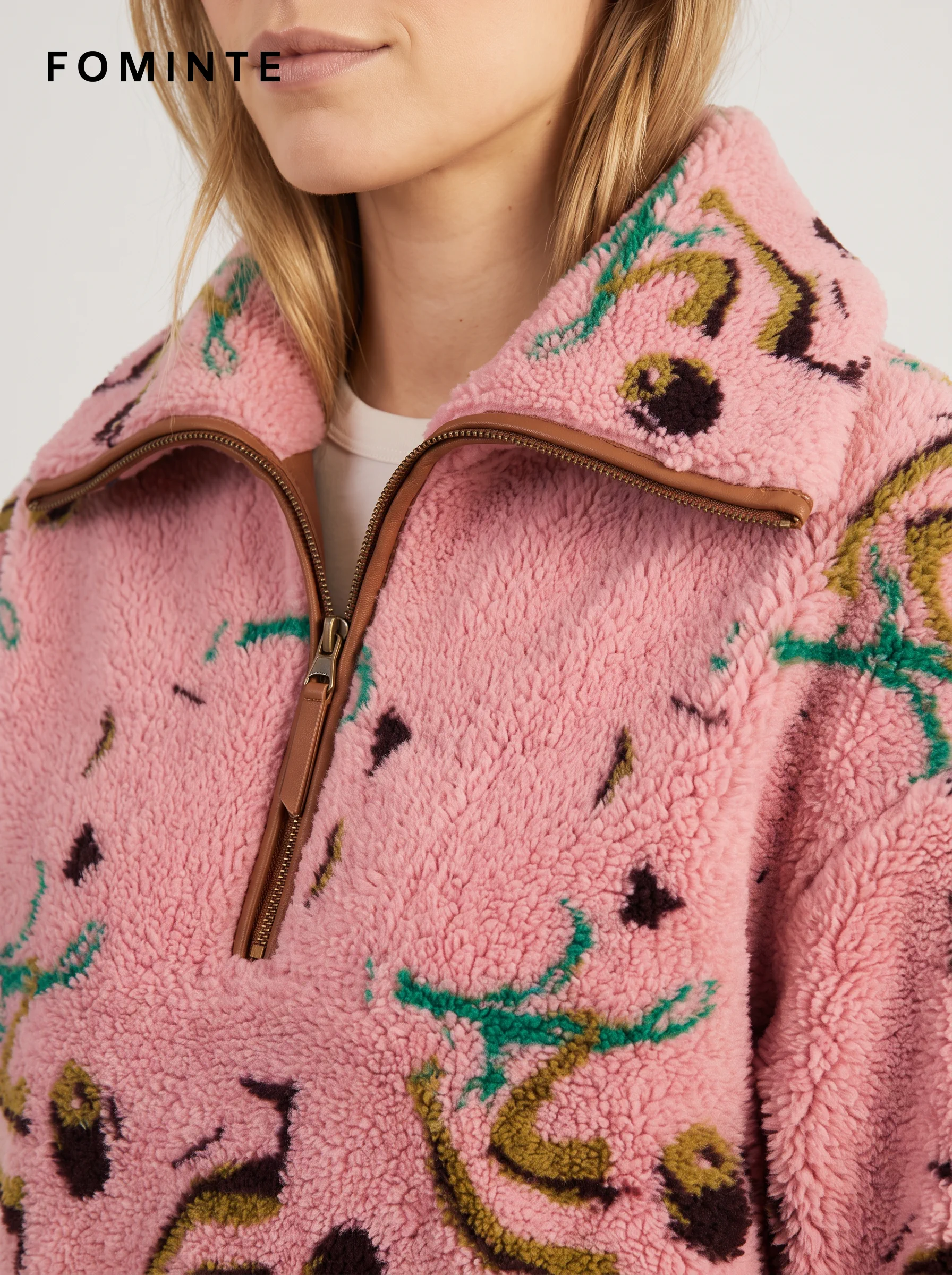 Pink Floral Print Hooded Fleece Jacket