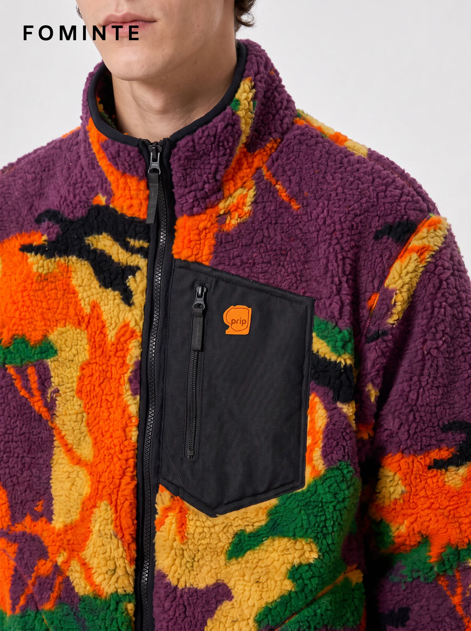 Purple and Orange Abstract Print Full-Zip Fleece Jacket