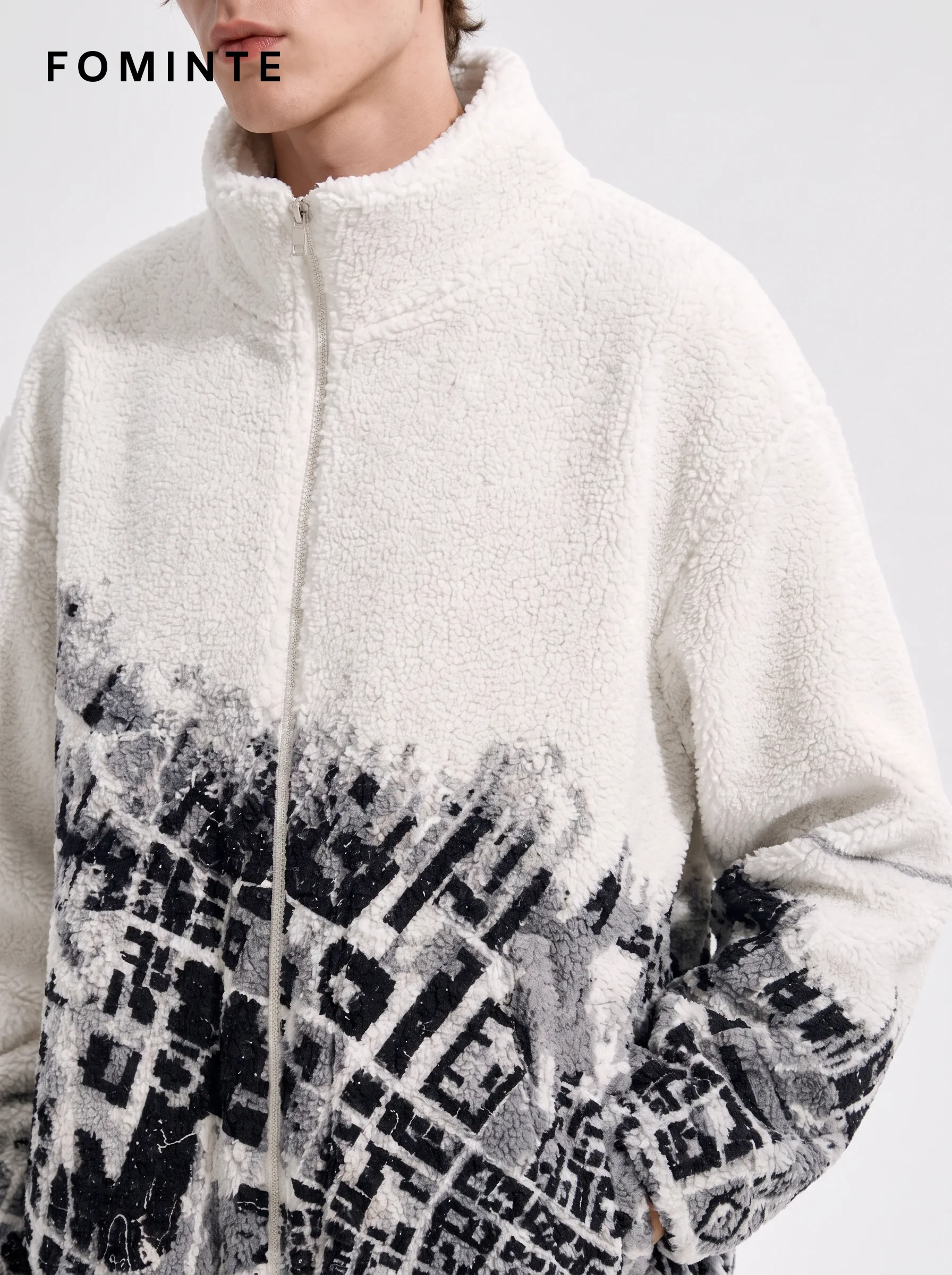 Black and Grey Abstract Print Full-Zip Fleece Jacket