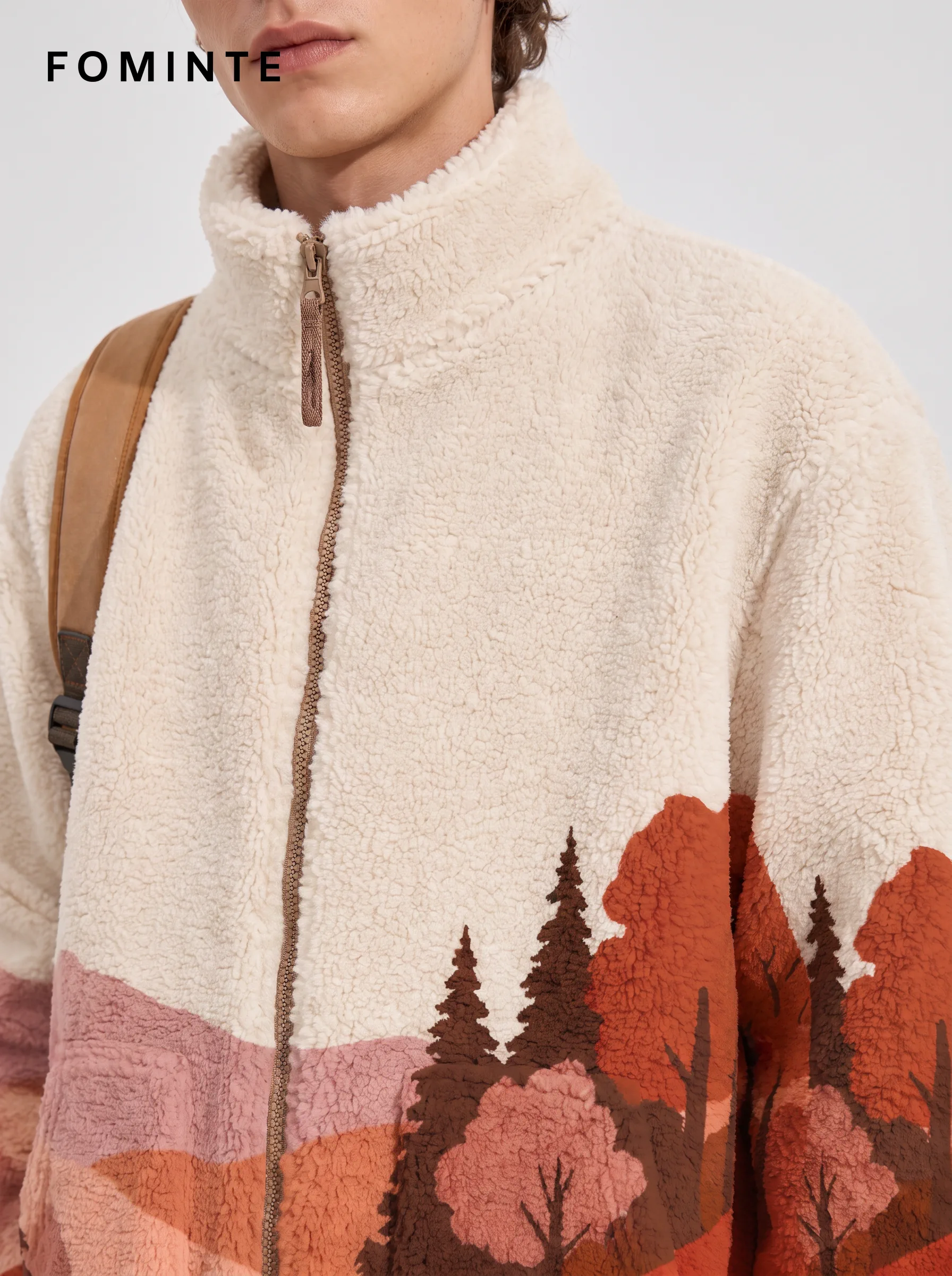 Ivory Mountain Landscape Full-Zip Fleece Jacket