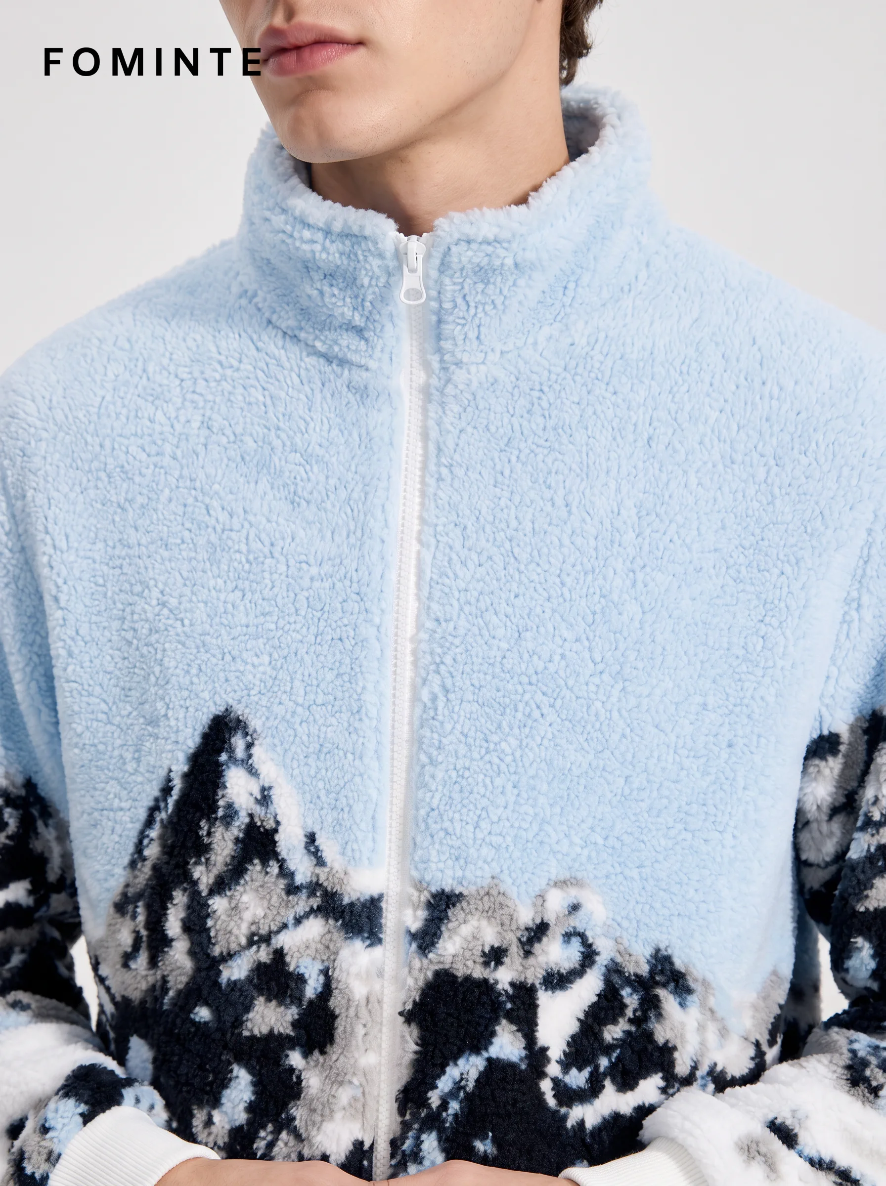 Sky Blue Mountain Print Full-Zip Fleece Jacket